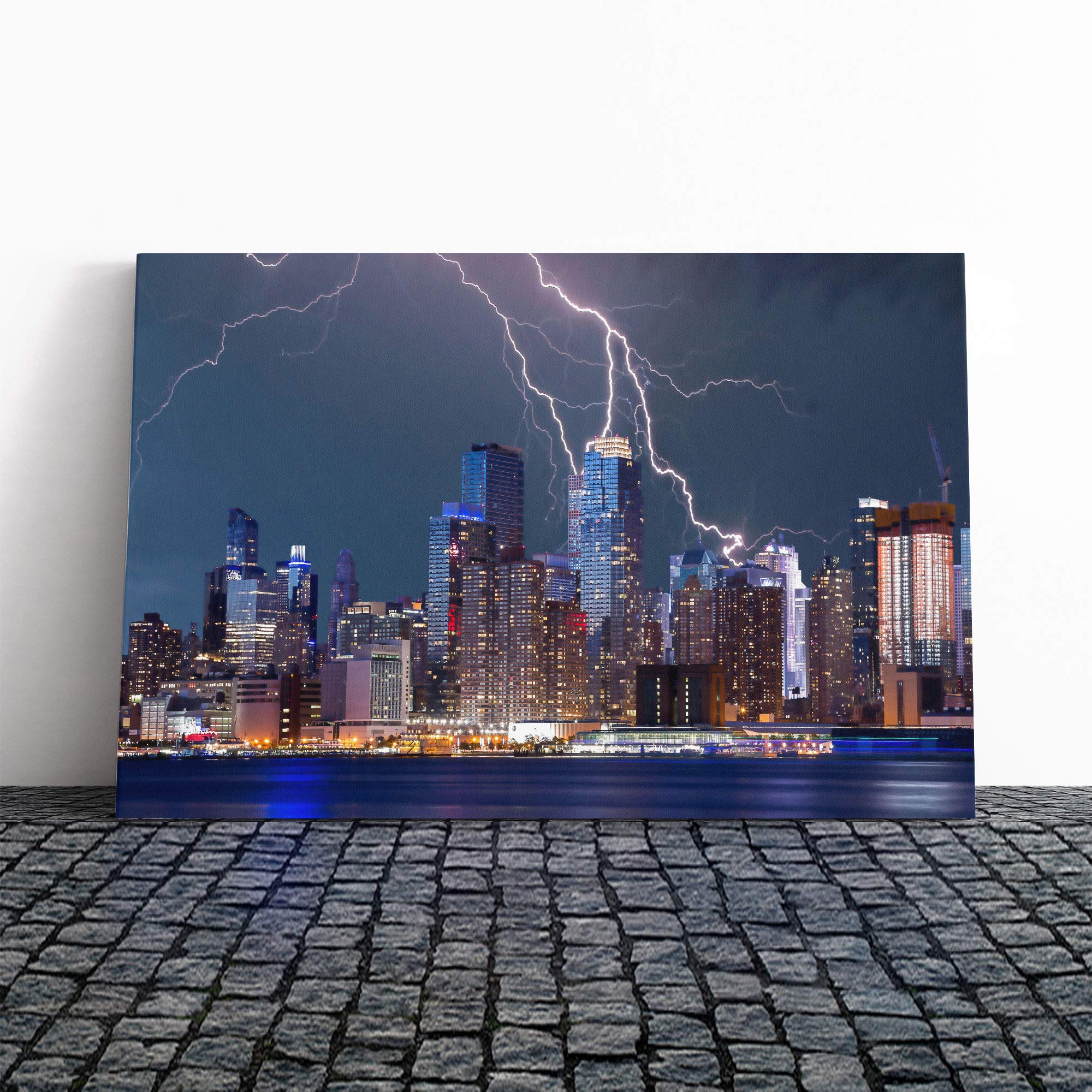 New York City Lightening Storm Canvas Print | Gallery Wrapped 30mm Frame Wall Art | 20x14 inches | Ready to Hang | Modern Cityscape Picture | Living Room Bedroom Lounge Office