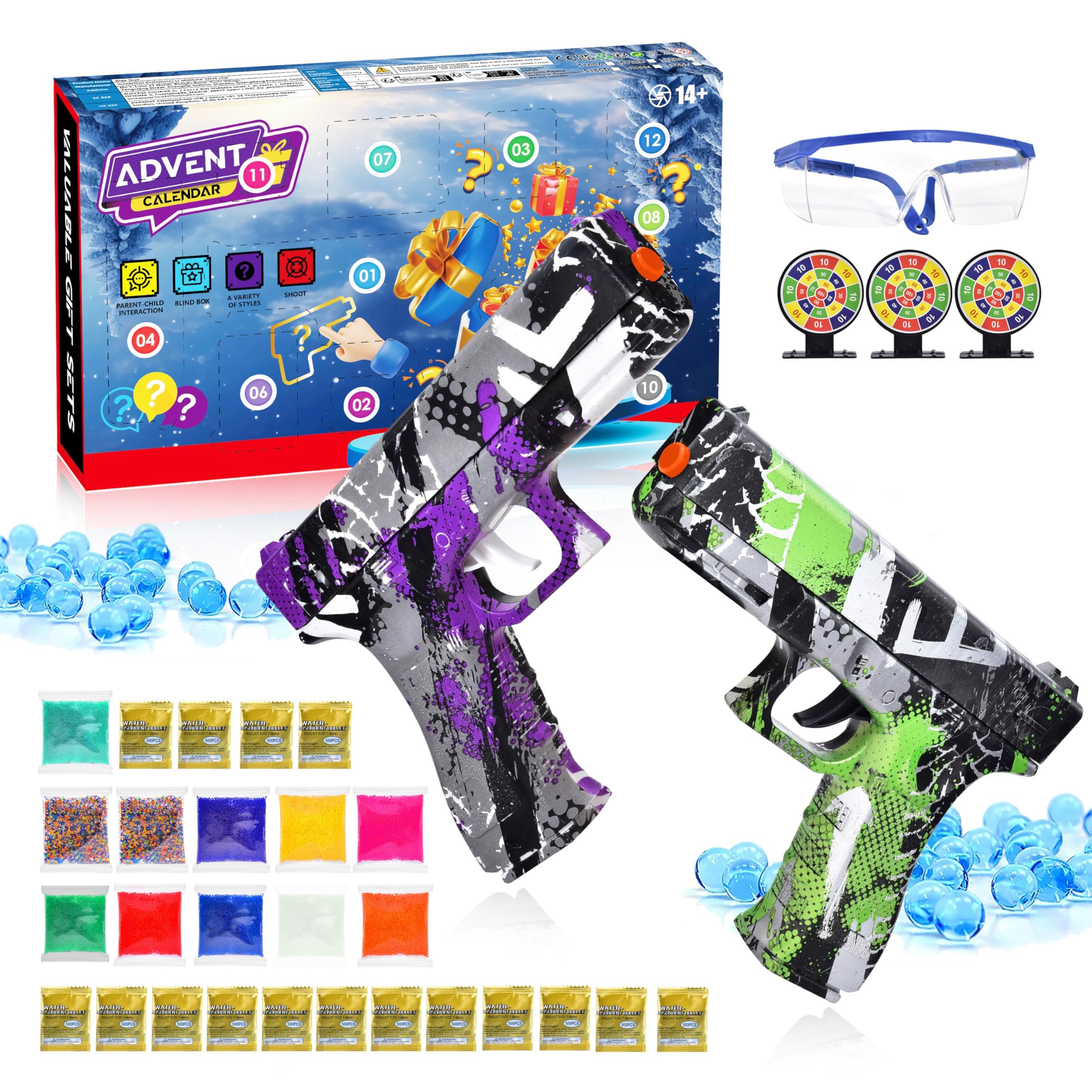 2 Packs Gel Ball Blaster Splat Orby Gun, Gel Gun Blasters with Targets, Gel Ammo, Goggles, for Ages 14+