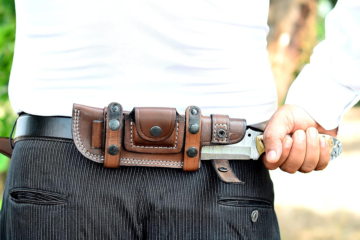 Ottoza Fixed Blade Hunting Knife with Leather Sheath and Horizontal Carry - Ram Horn Handle - Full Tang Outdoor Survival and Camping Knife for Men 308