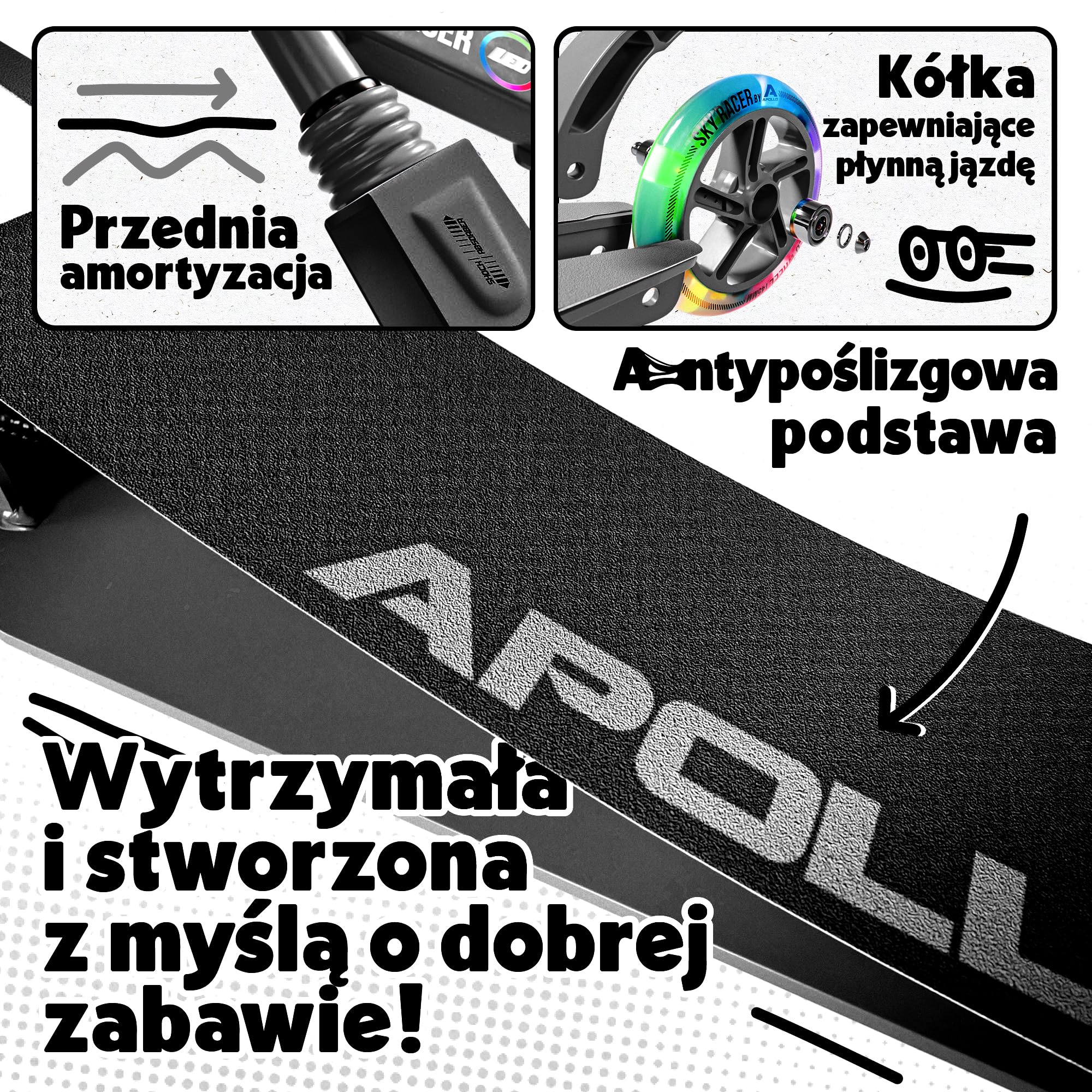 Apollo Skuter LED – skuter Skyracer z kółkami LED, 145 mm, miejski skuter ze zawieszeniem, składany i regulowany w wysokości – skuter dla dzieci i nastolatków