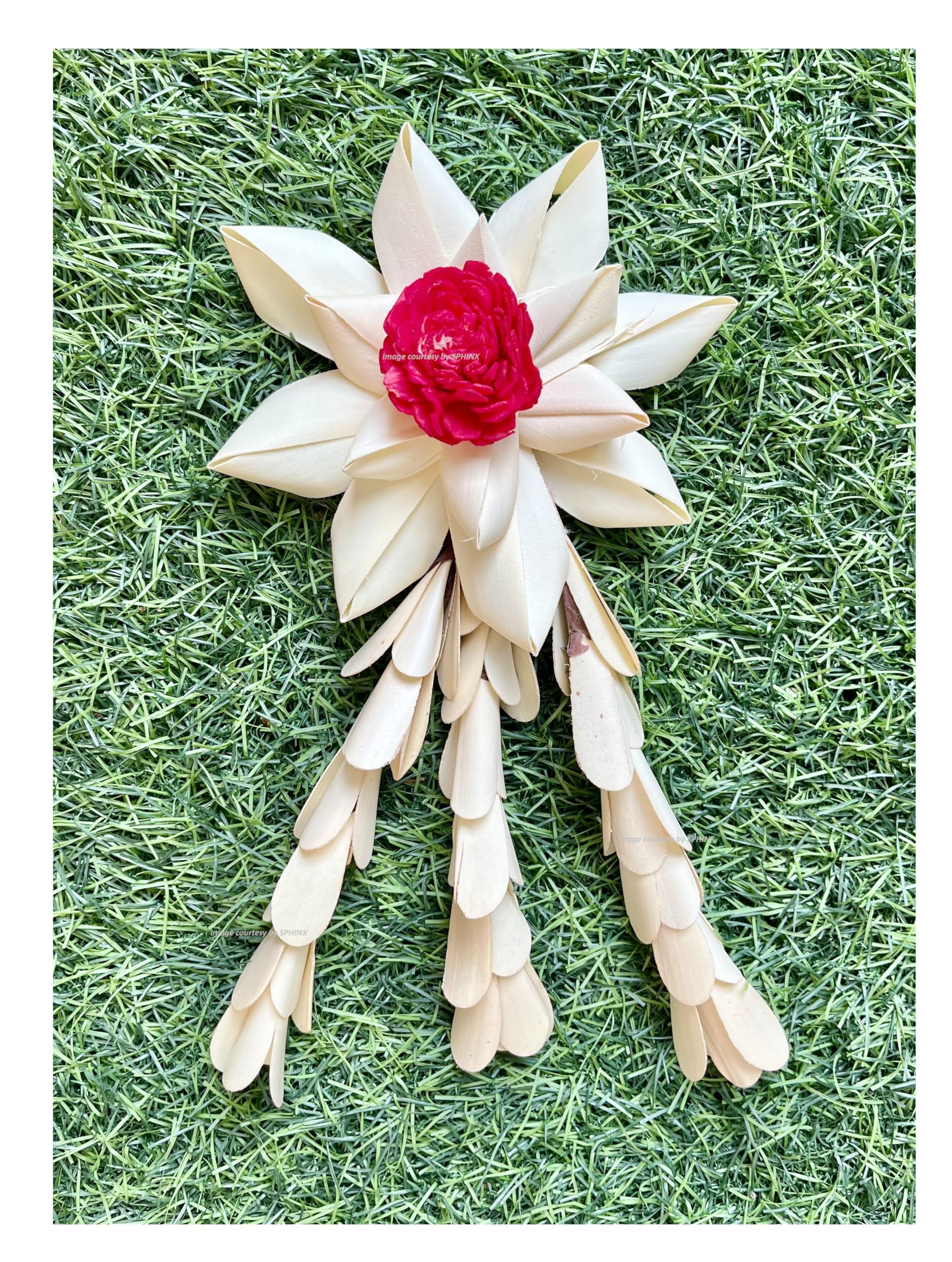 SPHINX Artisanal Handmade Palm Leaf & Sola Flower Decorative Latkans, Palm Leaf Hangings - Eco-Friendly Organic Decorations for Main Entrance, Pooja Room, and Backdrops - (2 Pieces, Natural & Red)
