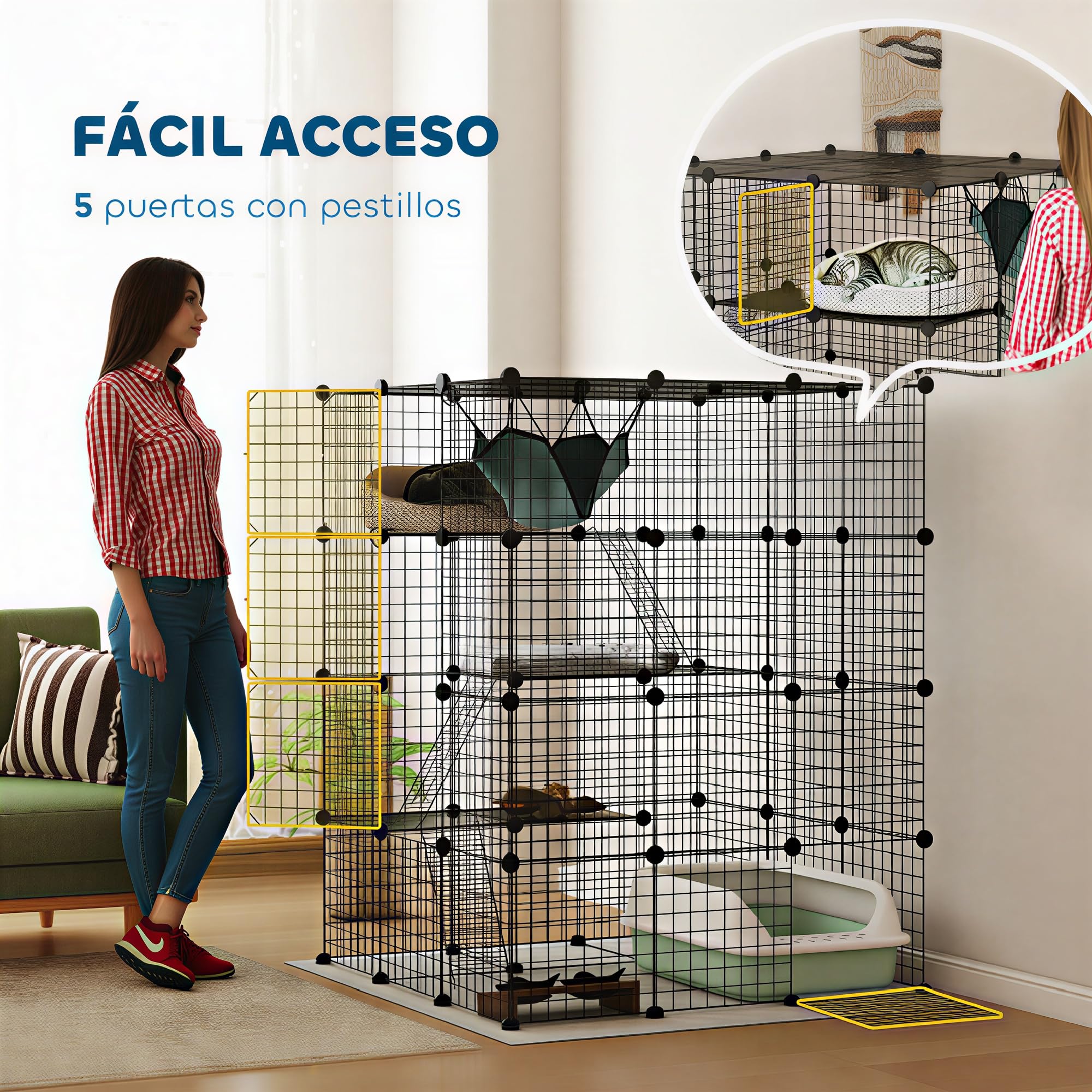 PawHut Jaula Grande para Gatos Interior de 4 Niveles con 5 Puertas, 3 Plataformas de Salto y 3 Rampas, Hamaca, Recinto y Parque para Mascotas, 105x105x140 cm, Negro
