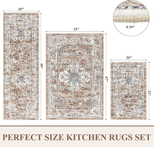 Miniatura 16 de Pauwer Juego de 3 alfombras de cocina antideslizantes y lavables para el suelo, alfombra de pasillo de cocina, alfombra bohemia para fregadero