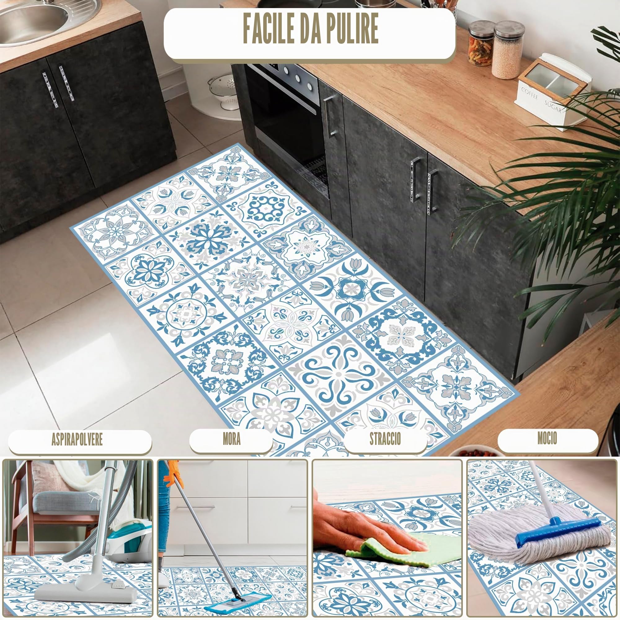 Tappeto Vinile - (240x60 cm blu grigio) - Tappeto cucina, Tappeto Passatoia Cucina Antimacchia, tappeti cucina - Tappeto Antiscivolo Lavabile