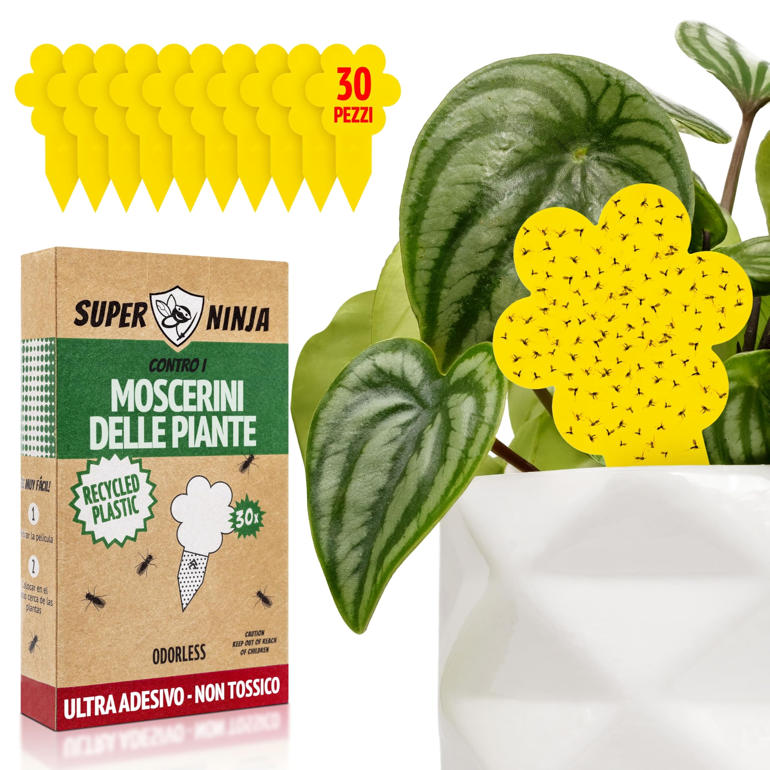 Super Ninja Plant Fly Traps – 30 Pieces, Eco Adhesive Baits, Catch Soil Fly in the Home, Insecticide Free, Safe for Indoor/Outdoor Use, Duration 3 Months