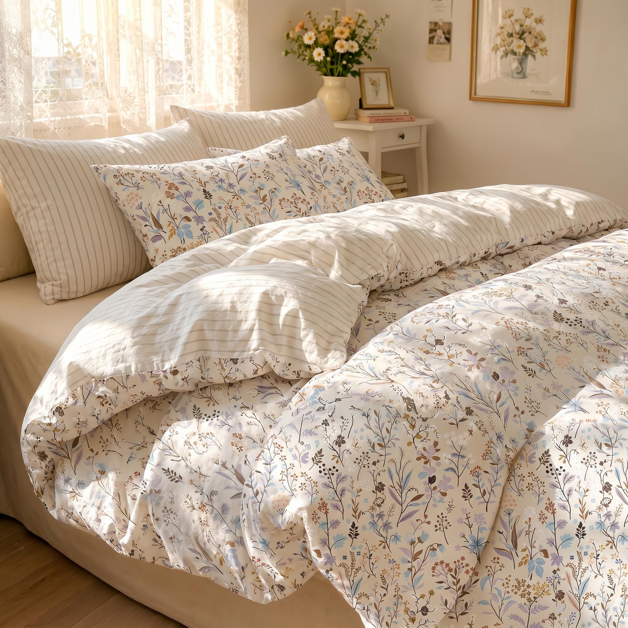 Covebett Bettwäsche Blümchen Blumenmuster Botanisch Bettwäsche Set Aesthetic Blumenwiese Pflanzenmuster Bettbezug mit Reißverschluss und Kissenbezug