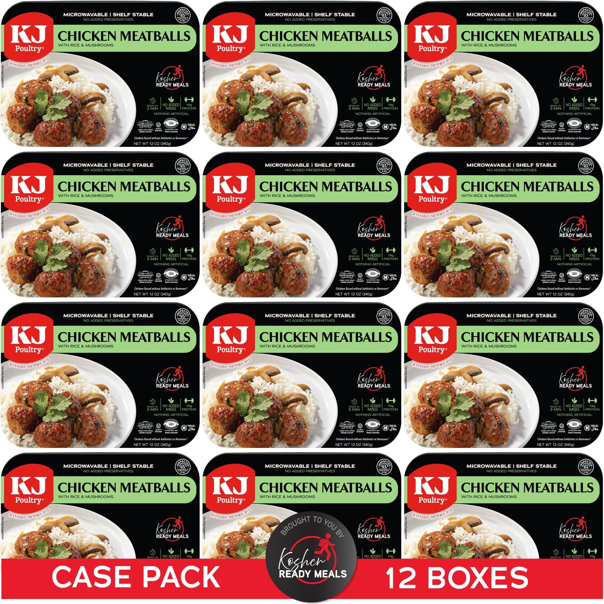 KJ Poultry Kosher Ready Meals - Chicken Meat Balls & Mushrooms, MRE Meat Meals Ready to Eat, Halal, (12 Pack) Prepared Entree Fully Cooked, Shelf Stable Microwave Dinner, Travel, Military, Camping