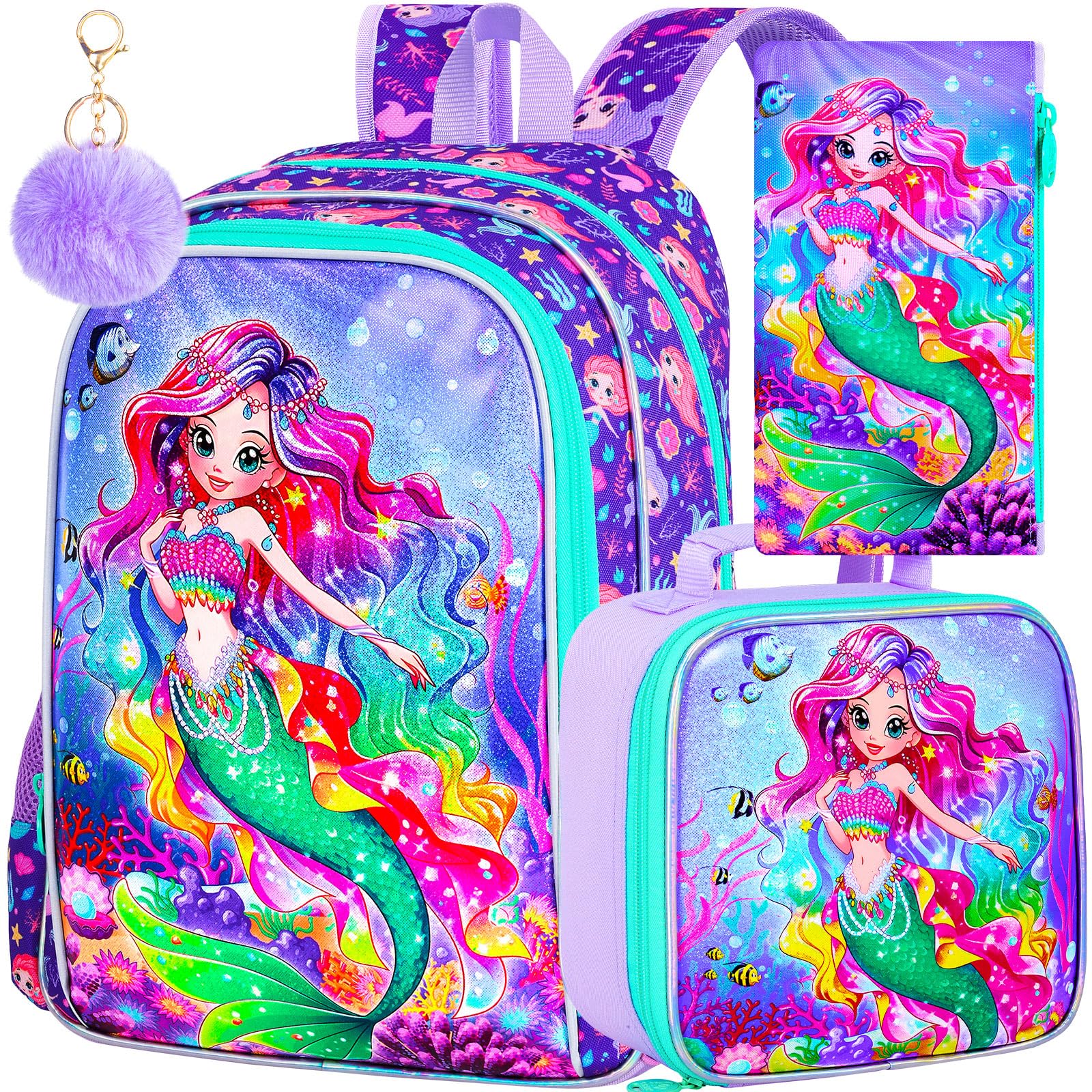 TXHVO 16" Mermaid Backpack, 3Pcs School Bookbag for Girls with Lunch Box, Kids Backpacks for Elementary Preschool Kindergarten(Purple)
