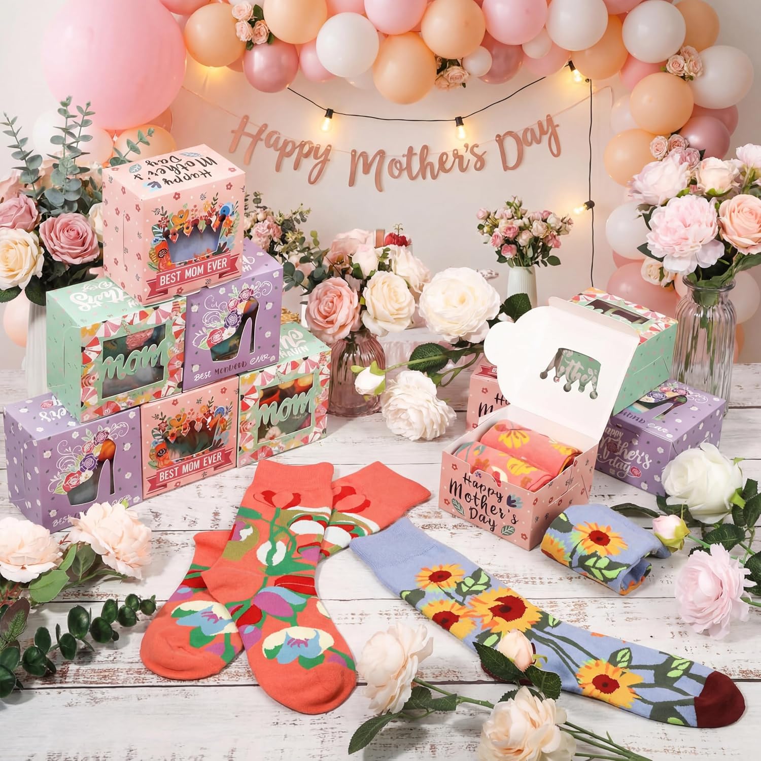 Glitopper 24 Sets Mother's Day Socks Bulk with Gift Boxes Floral Sock Women Flower Novelty Gifts for Mom Birthday