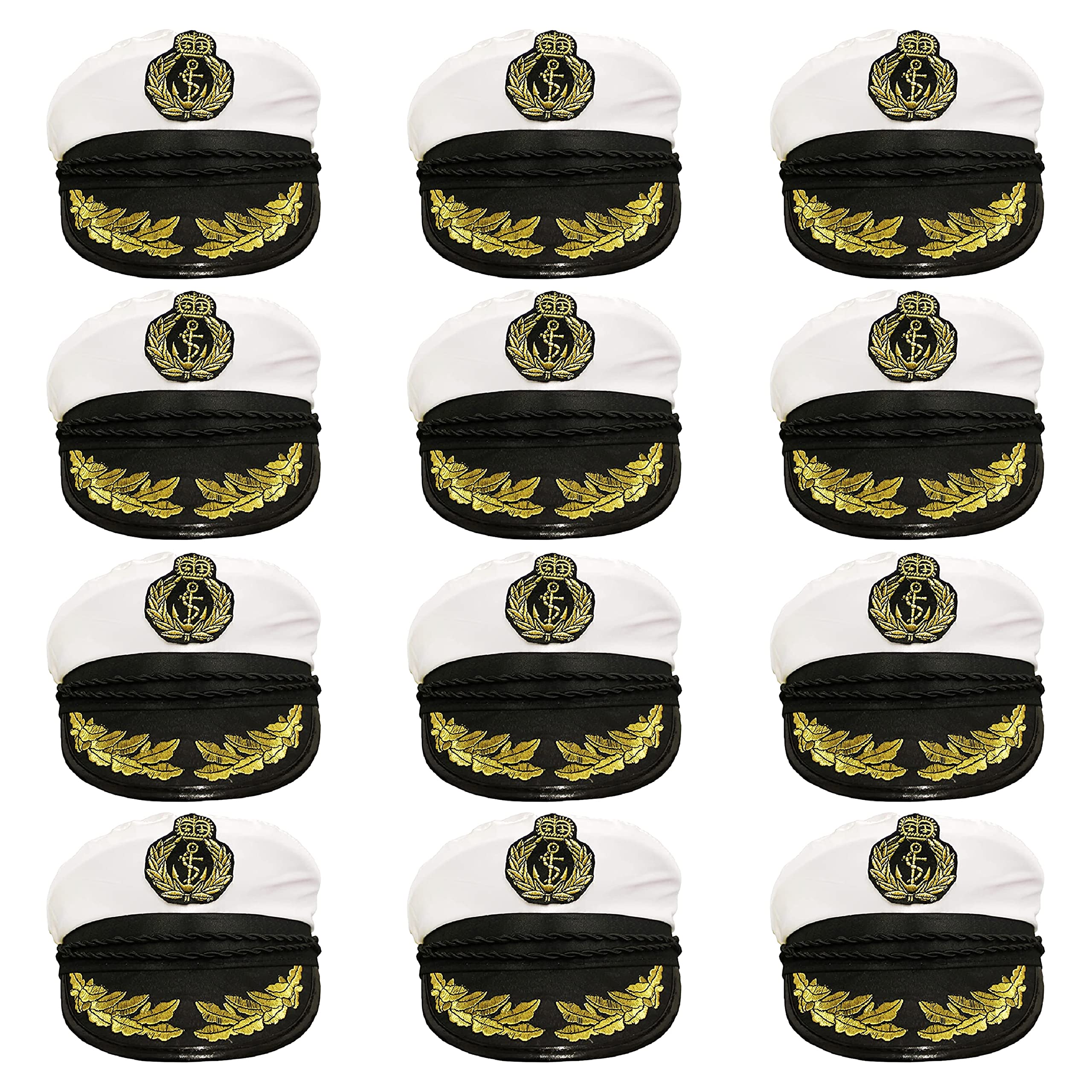 Adults Sailor Hat Fancy Dress Costume Accessory - Satin Captains/Naval Officer Hat with Motif and Gold Brim Detail - Pack Of 12