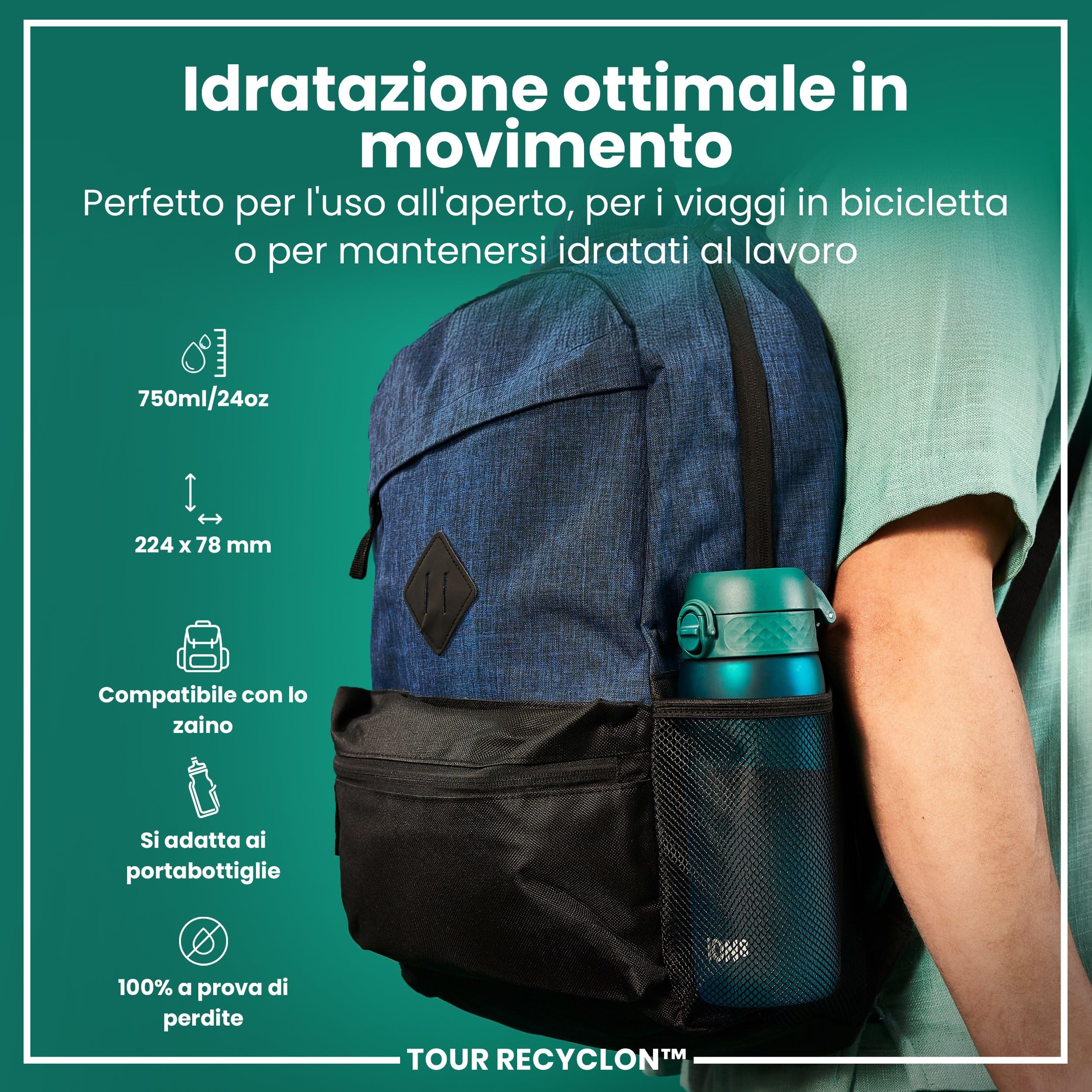 Ion8 Borraccia a Prova di Perdite, 750ml, Sportiva, Facile da Aprire, Serratura Sicura, Maniglia per il Trasporto, Lavabile in Lavastoviglie, Senza BPA, Agarre Contorneado, Acqua