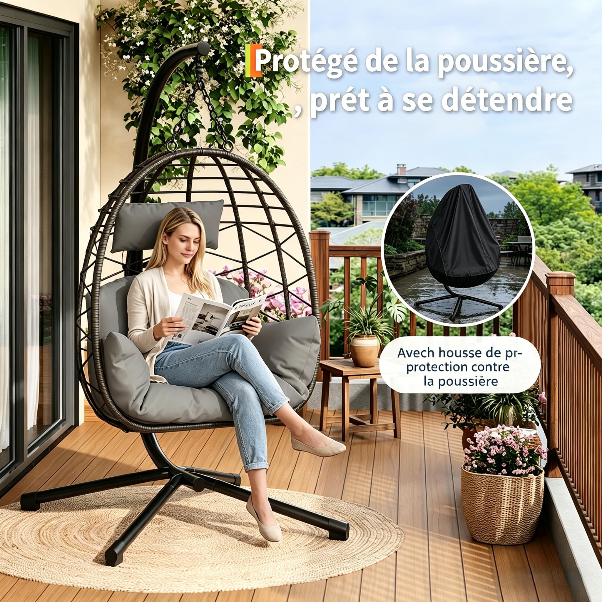 Fauteuil Suspendu Œuf en Rotin avec Support, Pliable & Hauteur Réglable – Housse Imperméable Incluse – Résistant aux Intempéries, Montage Ultra Facile – Idéal pour Jardin, Terrasse, Balcon et Intérieu