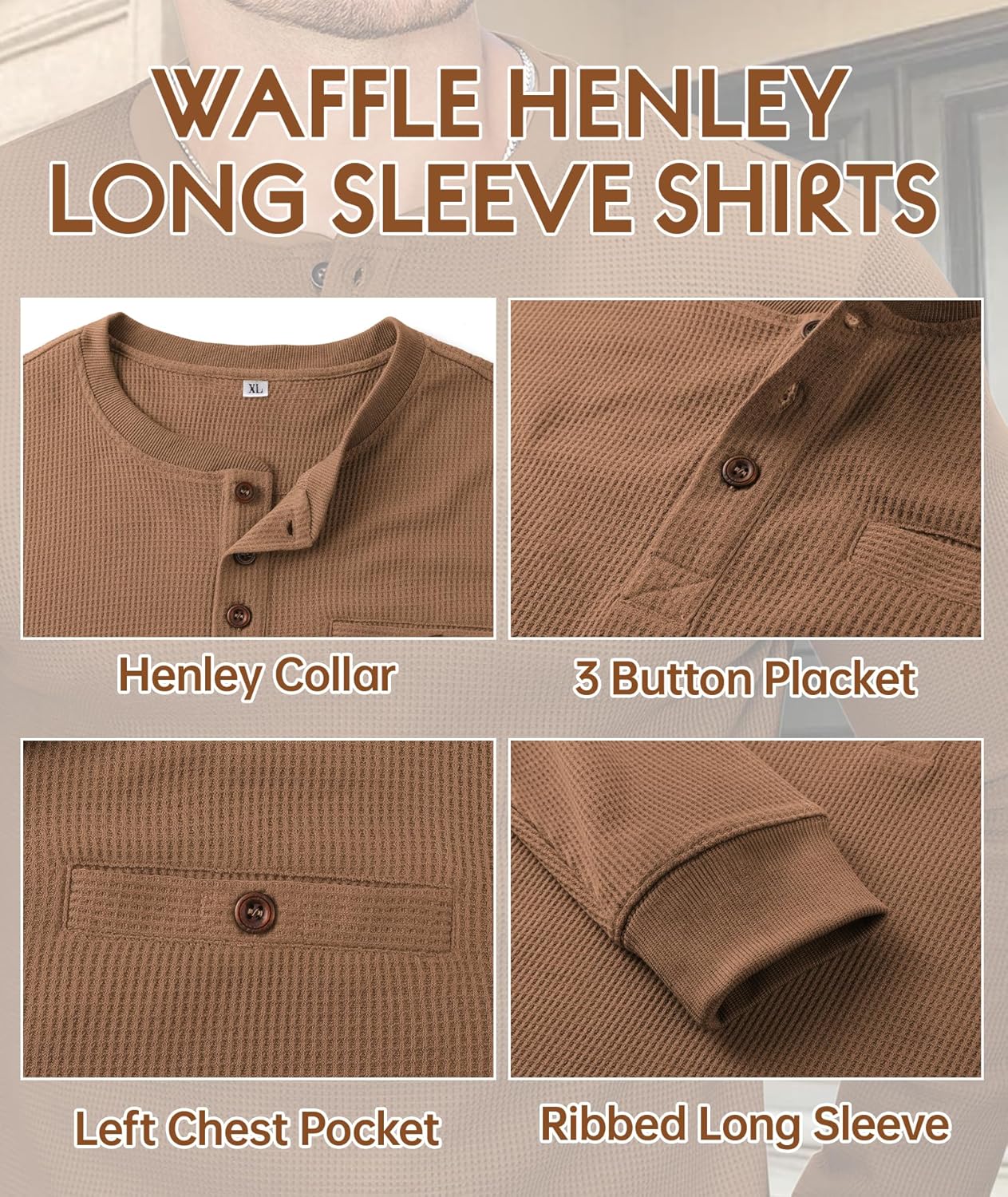 PRIVIMIX Mens Waffle Henley Long Sleeve Cotton Casual T-Shirt Fashion Three Button Pullover with Pocket - Image 6