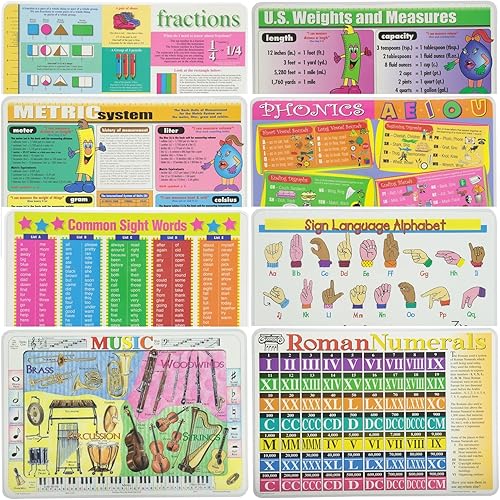 Painless Learning Manteles individuales educativos para fracciones infantiles, sistema métrico, palabras comunes, música, pesos y medidas
