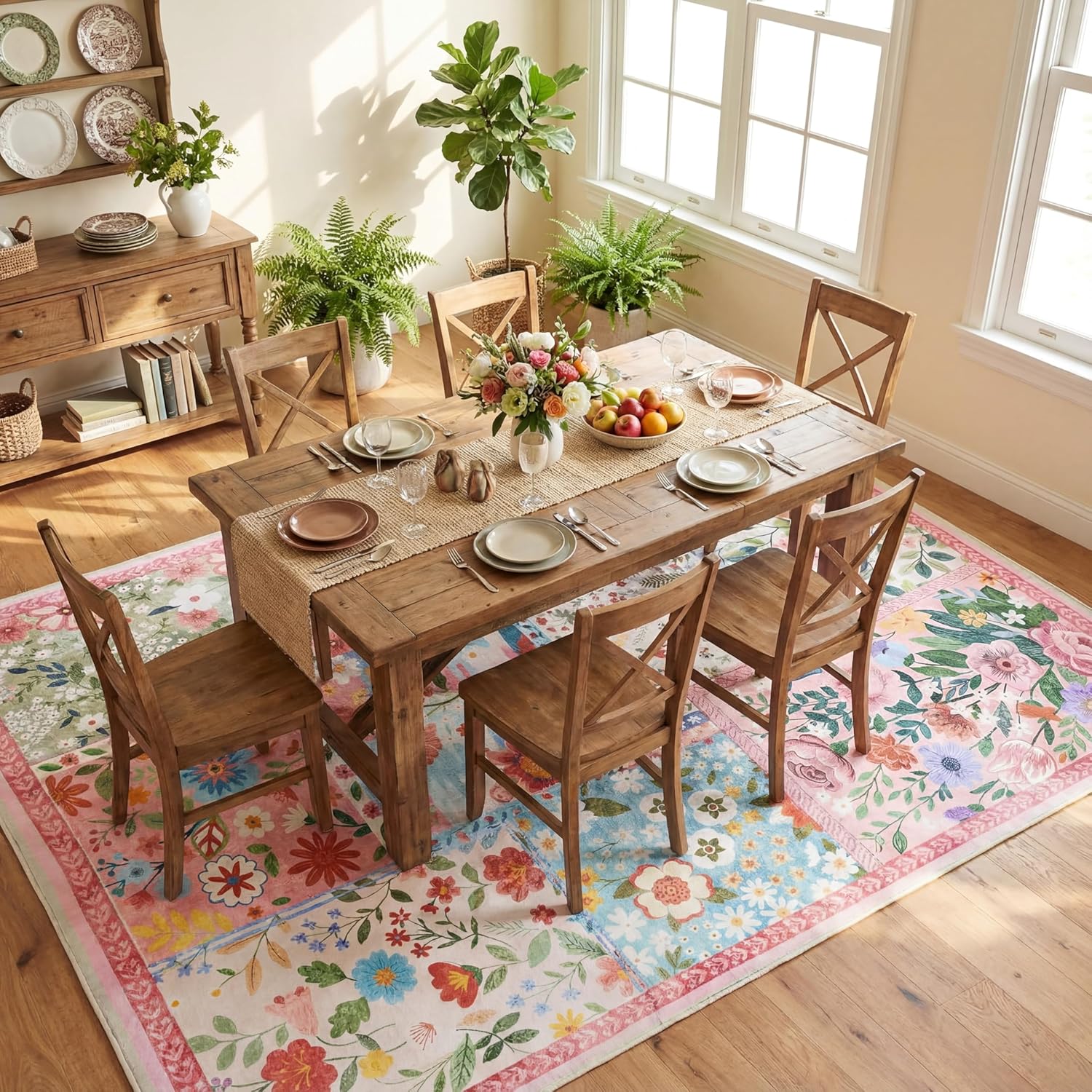 Dunzy 5x7ft Floral Quilted Area Rug Door Mat Pink Flower Cute Pastel Boho Botanical Patchwork Cottagecore Rug Washable Non Slip Carpet for Entryway Bedroom Living Room Nursery Room Playroom