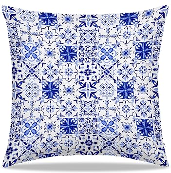Dibor Blue Mediterranean Tile Throw Pillow Covers 18x18 in, Blue and White Ethnic Tile Decorative Couch Cushion Covers, Vintage Portuguese Print Pillow Case for Home Living Room