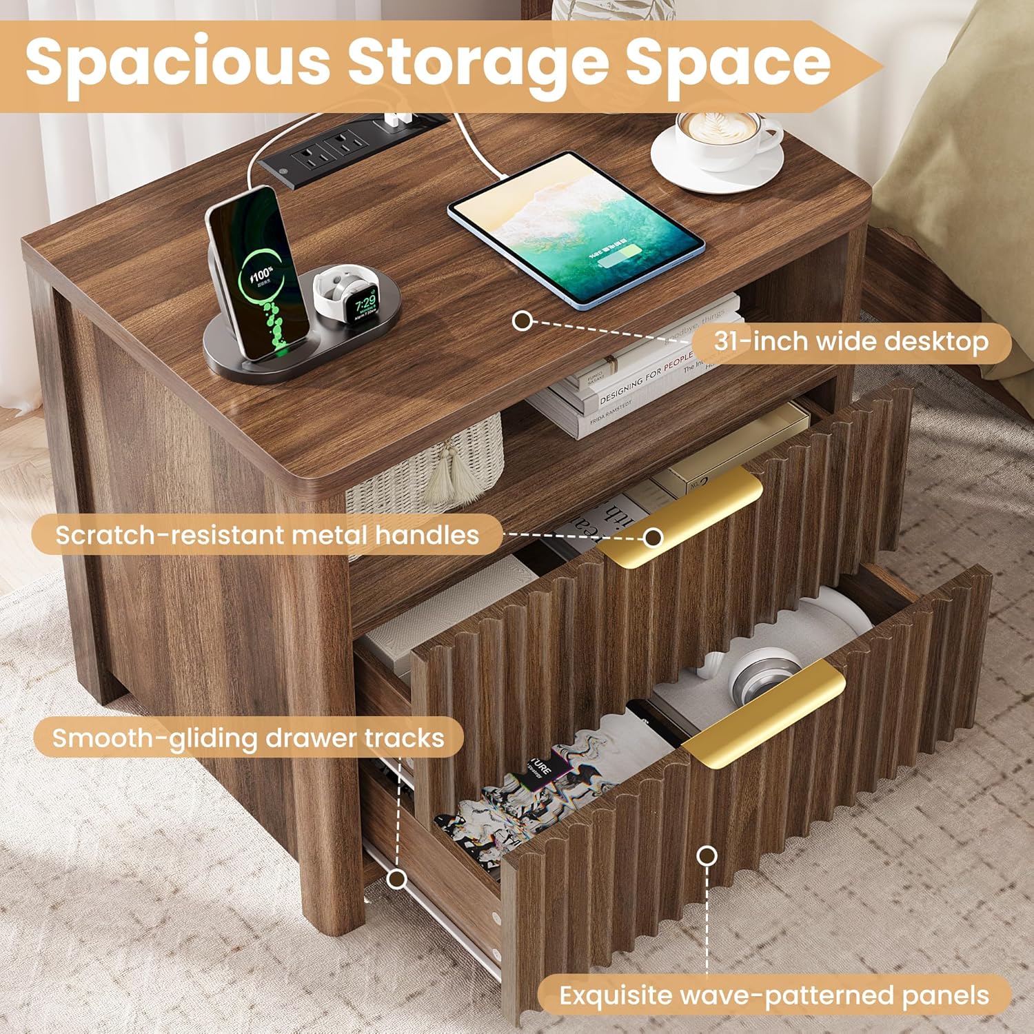 CypBed 23.8" Wide Fluted NightStand Set of 2 with Charging Station, Bedside Tables with 2 Drawers & Storage Shelf, Wood Nightstand with Rounded Corner, Modern End Table for Bedroom, Easy Assembly