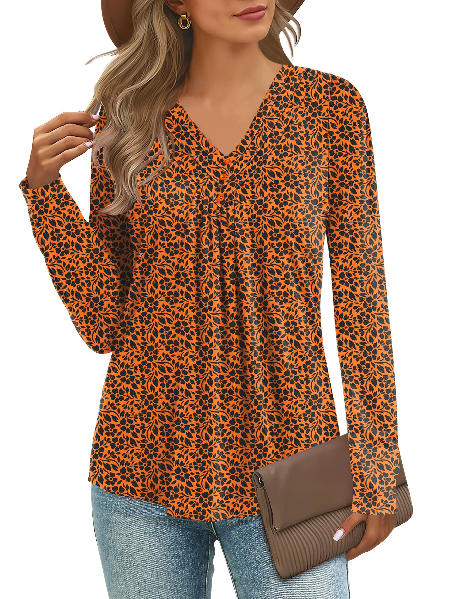 MicosonWomens Casual Long Sleeve Shirts Pleated Button V Neck Tunic Tops Spring 2025