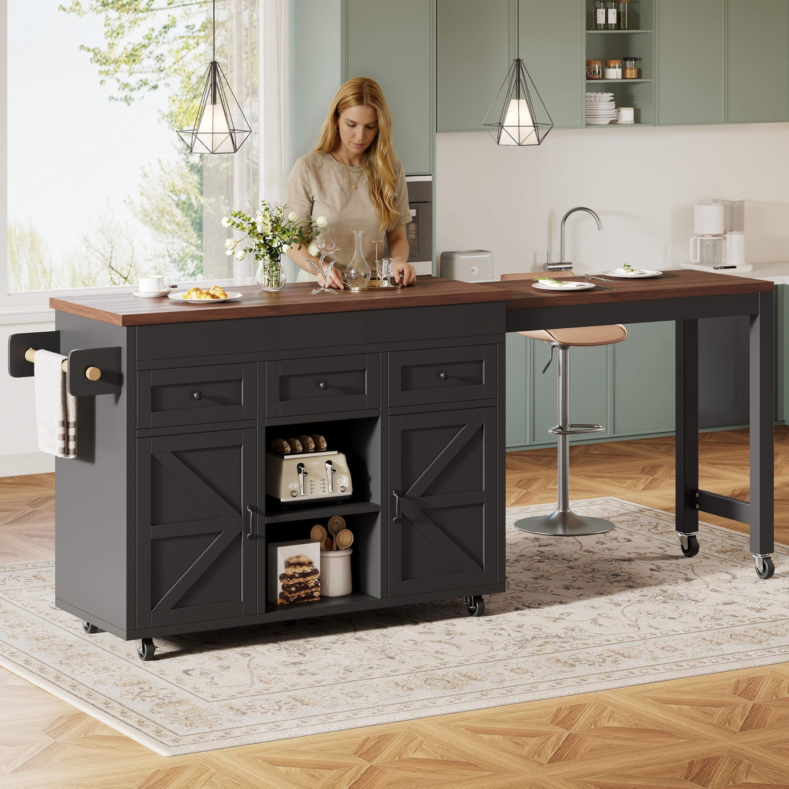 Kücheninsel, ausziehbarer Esstisch Bartisch (131,5-210 cm), 360° drehbare, mit Schubladen und Schränken, vielseitige Arbeitsplatte für Küche, Esszimmer, Schwarz