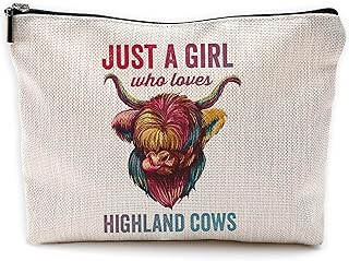 Just A Girl Who Loves Cow Highland s Makeup Bag Travel Cosmetic Bags,Watercolor Cow Highland Cosmetic Bags with Zipper Pouch Travel Toiletry Case,Gift for Cow Lovers Farm Girls