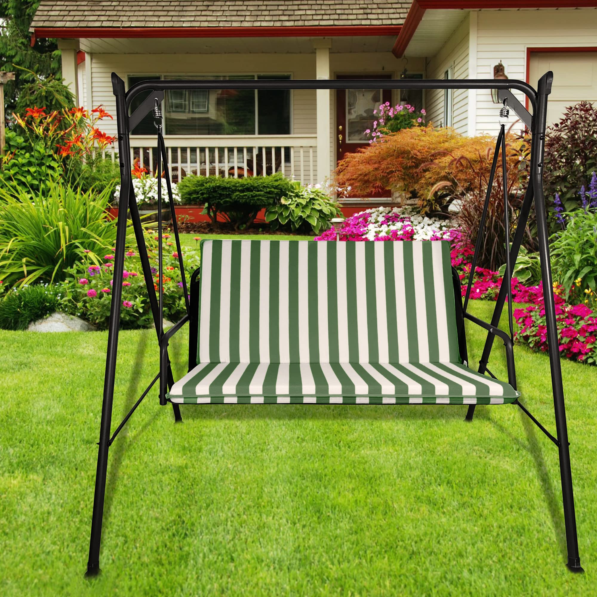 Il Tuo Artigiano Design Cuscino fasciato per dondolo da giardino 2, 3 e 4 posti spessore 8 cm (3 posti, 140x50 cm, Bianco e Verde)