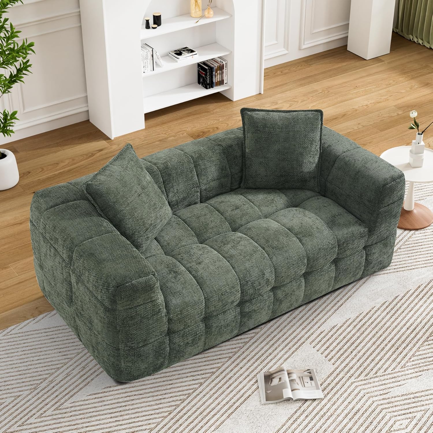 Wrofly Cloud Sofa, 66.5" Comfy Chenille 2 Seater Deep Seat Loveseat, Boneless Couch, Love Seat Couch with 2 Pillows, Modern Compression Bubble Sofa for Living Room, No Assembly Required, Olive Green