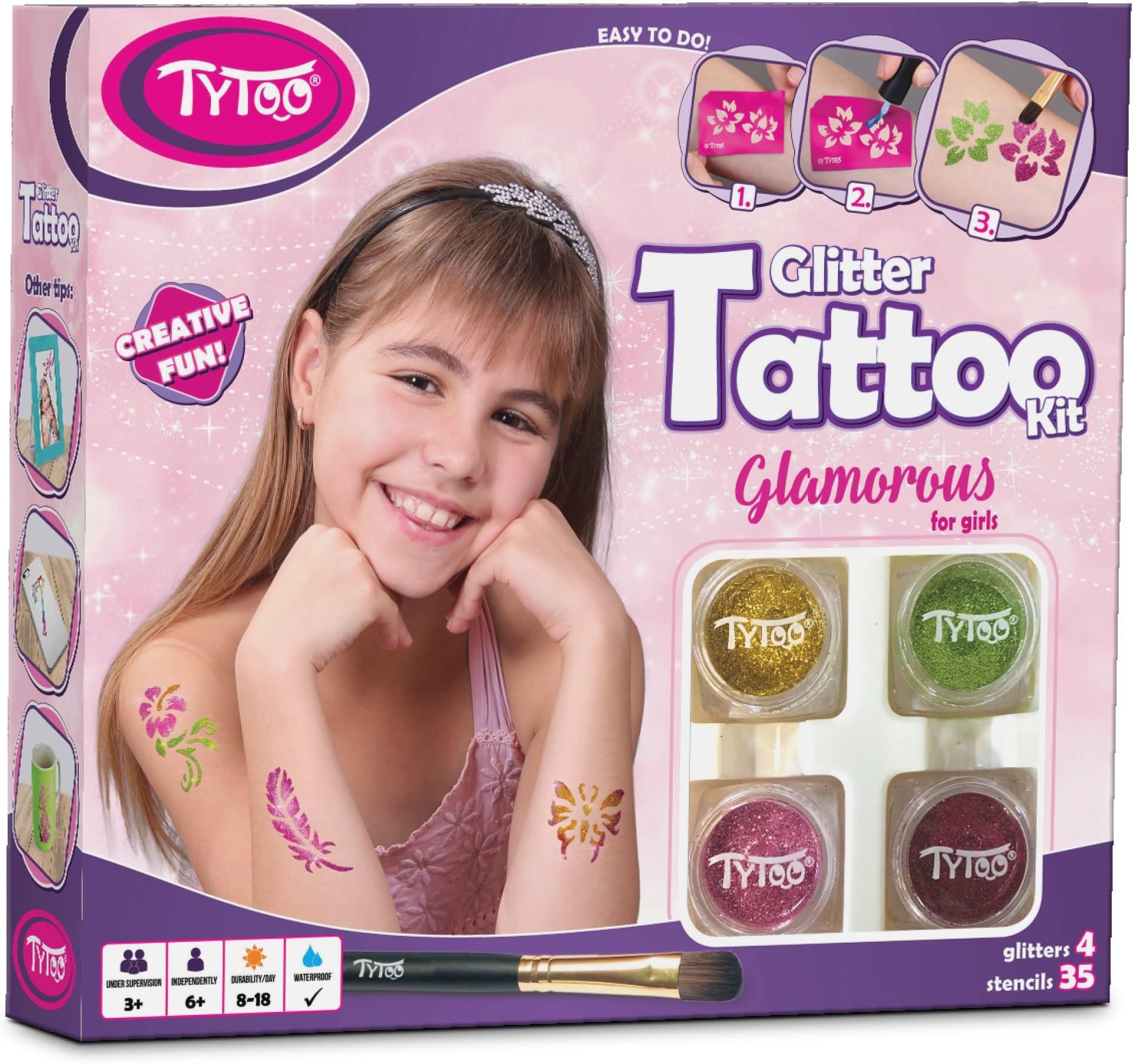 Glamorous Glitter Tattoos Kit for Girls with 35 amazing stencils - HYPOALLERGENIC AND CRUELTY FREE - 8-18 lasting temporary tattoos