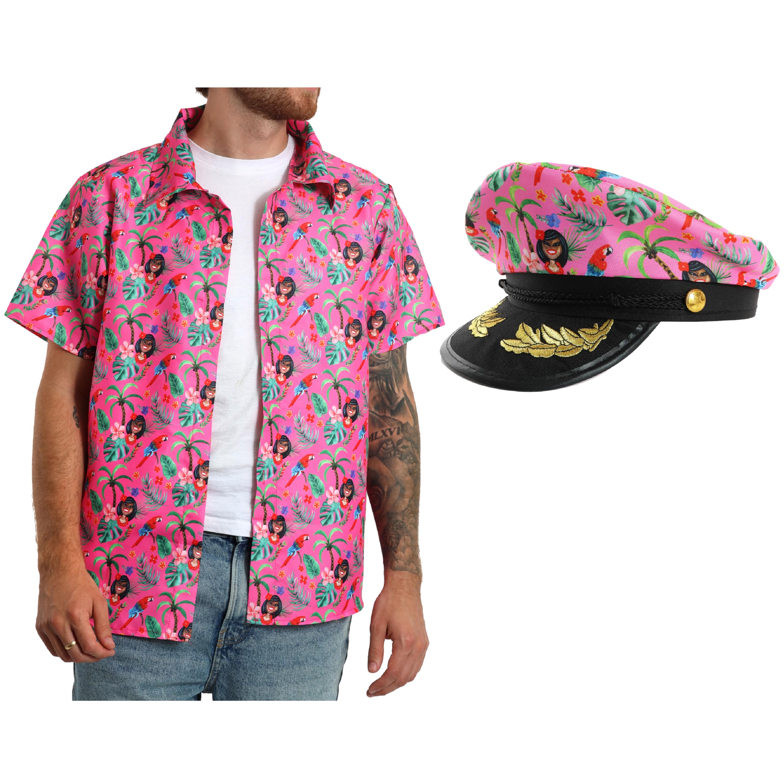 Pink Hawaiian Shirt and Pink Hat - XLarge - Hawaii Tropical Short Sleeve Shirt and Sailor Hat - Perfect for Stag Do/Hen Do Fancy Dress Summer Beach Parties and Other Fancy Dress Events