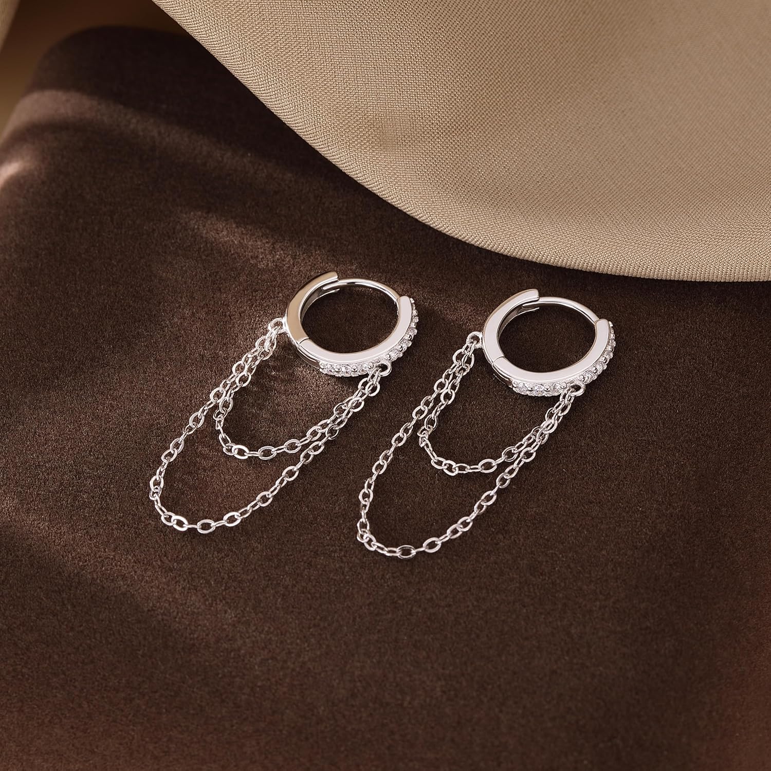 Reffeer 925 Sterling Silver CZ Chain Hoop Earrings Dangle Chain for Women Teens Dangle Earrings Tassel Hoop Earrings - Image 4