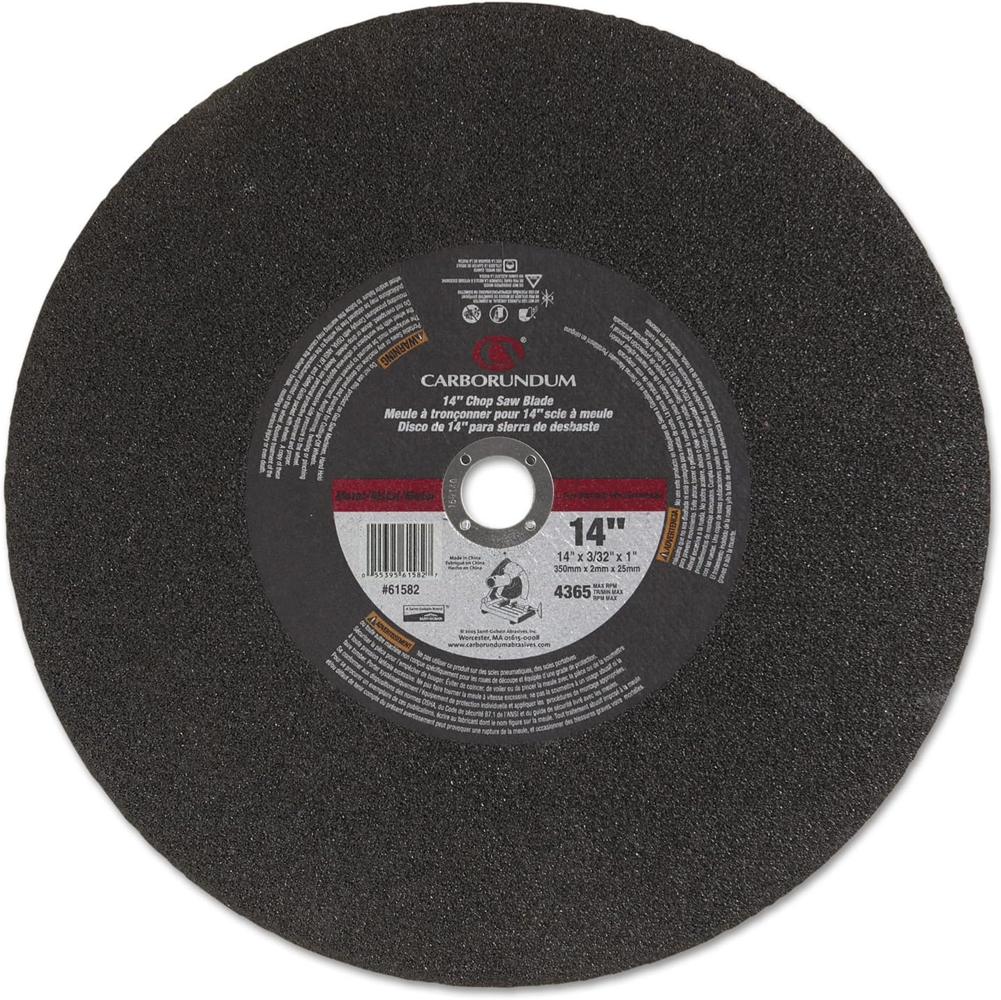 Carborundum 5539561582 Aluminum Oxide Type 11 Cutoff Wheel, 14", 3/32", 1", 4365 rpm, Carbo White