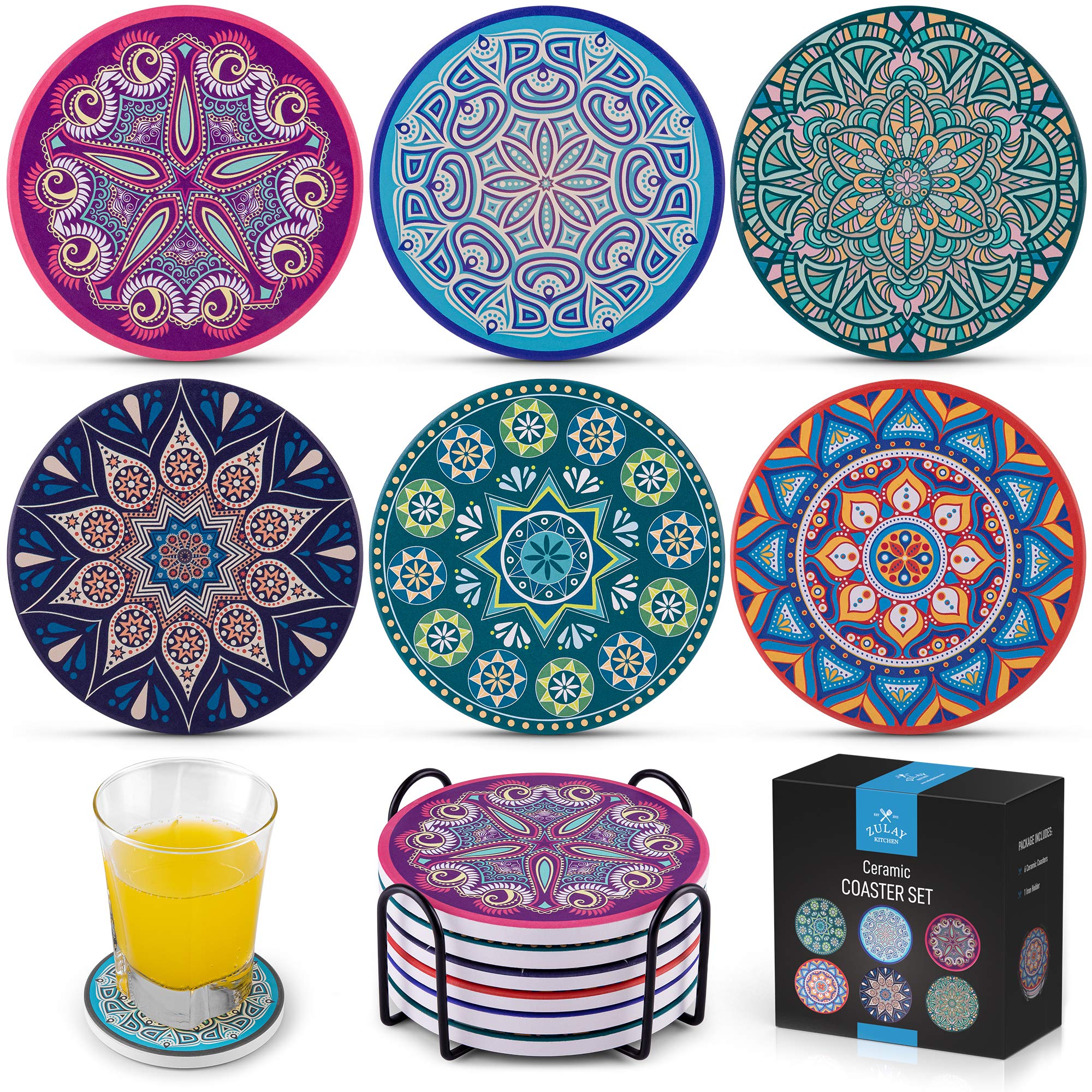 Zulay KitchenSet Of 6 Mandala Coasters For Drinks Absorbent Ceramic Stone - Drink Coasters For Coffee Table & Countertop - Coaster Set With Holder & Cork Base For Home Decor, House Warming & More