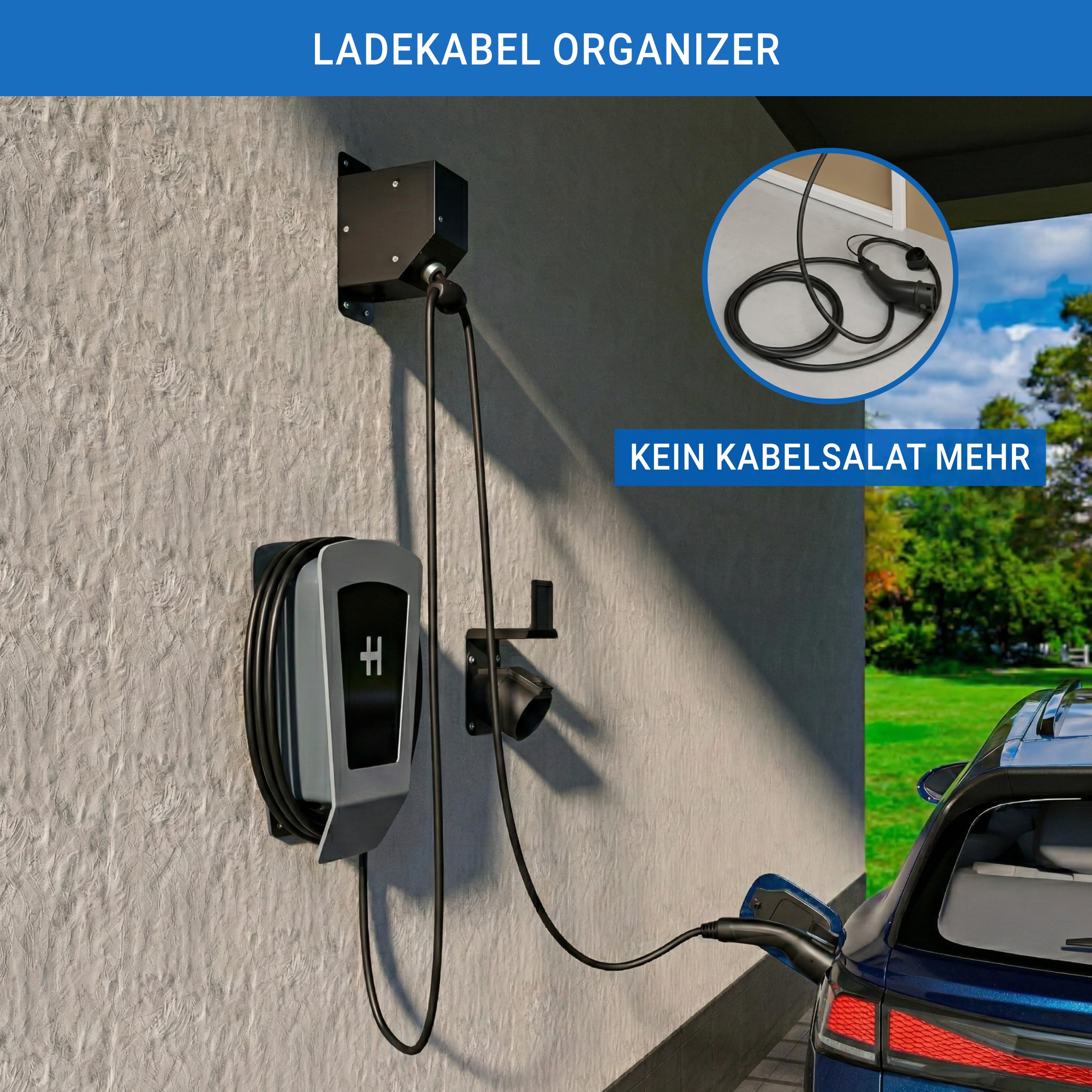 Automatycznie chowany uchwyt na kabel Wallbox EVify • Uchwyt na kabel ładujący typu 2 do montażu na ścianie • Uchwyt na kabel ładujący typu 2 ze stalową obudową •