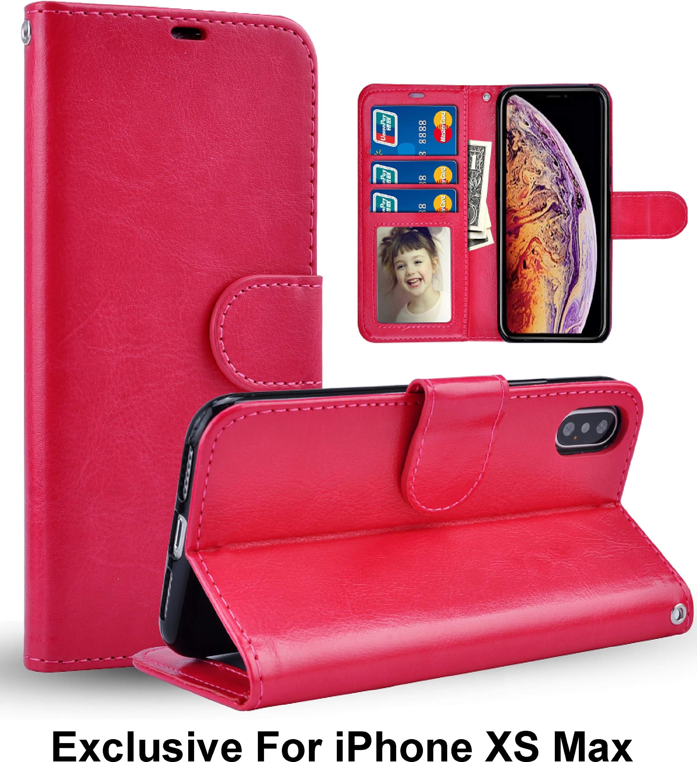 Pelotek; iPhone Xs Max Pink Wallet Case, iPhone Xs Max Women Wallet Case | Premium Quality Leather | Luxury Hot Pink Case | with Strap Credit Card/ID Money Holder Slots | Durable Inner Case (Hot Pink
