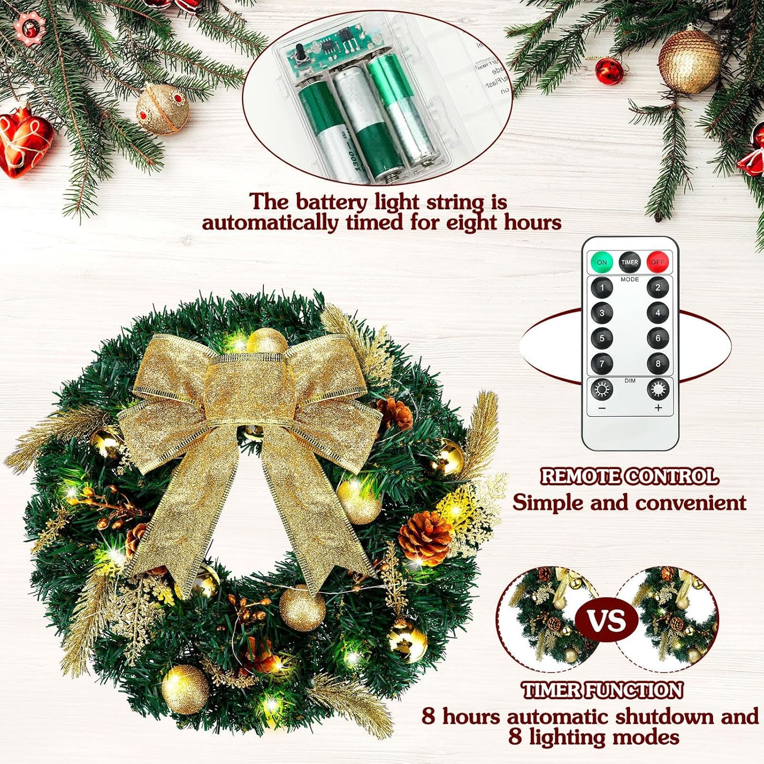 Hotop 4Pcs 14 Inch 80 LED Christmas Wreath for Door Battery Operated Gold Bow Christmas Wreath with Lights Remote Timer Pine Cones Cypress Leaves Ball Glitter Xmas Decor Indoor Outdoor