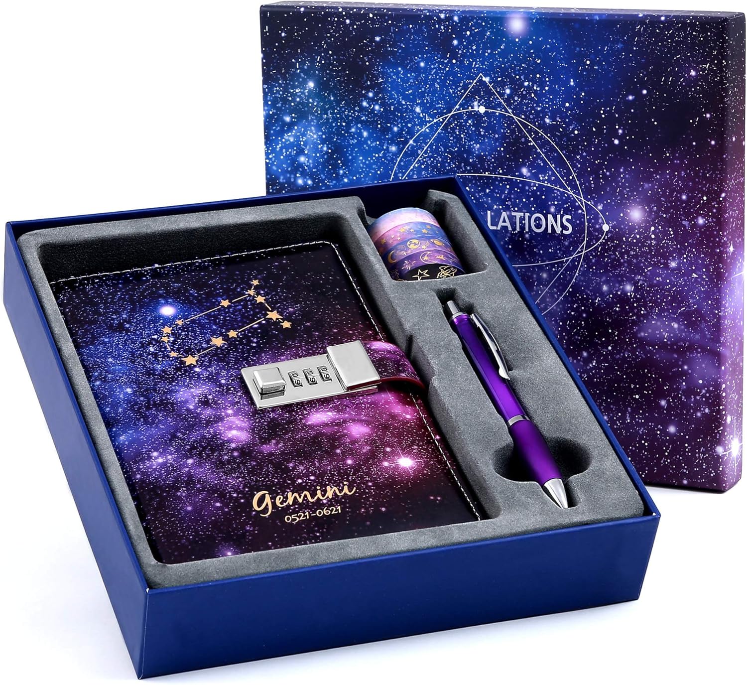 CAGIE Starry Constellation Lock Diary Set Gift Box with Pen & Tapes Secret Diary with Lock for Kids Girls Women Purple Journal Kit with Lock for Anniversary Birthday Holiday（Gemini）