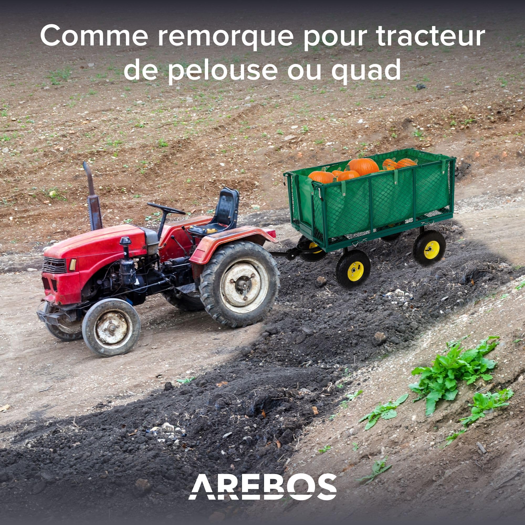 Arebos Chariot à Bras | Chariot de Jardin | avec pneus profilés | Charge Max. 550kg | Pliable | Vert | bâche Amovible | poignée et Timon Inclus | Chariot Plate-Forme