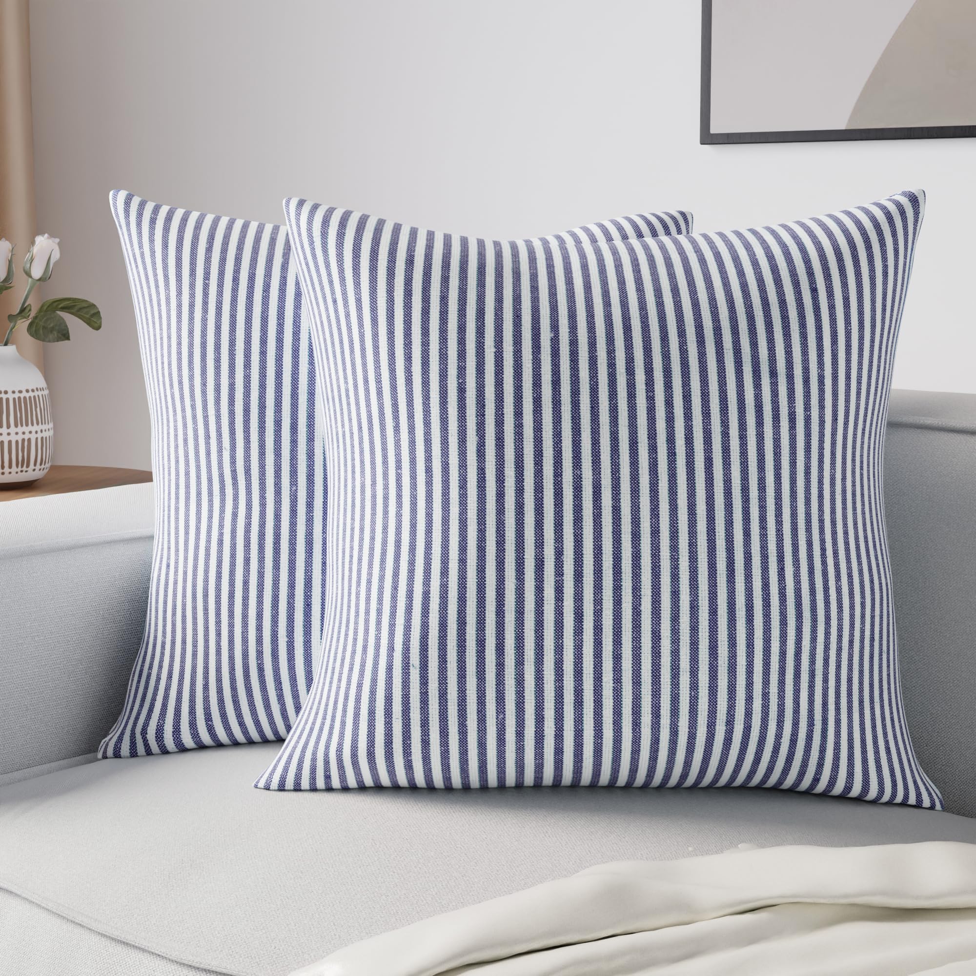 Encasa XO Farmhouse Throw Pillow Covers Set of 2 (16x16 in) Ticking Navy Blue | Decorative Cushion Covers No Inserts | P
