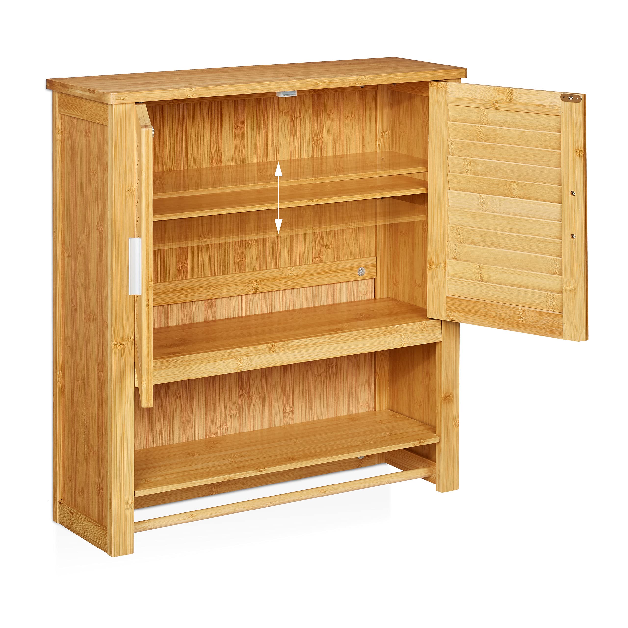 Relaxdays Pensile Bagno LAMELL, in Bambù, con Porta Asciugamani, 3 Ripiani, 2 Ante, Mobiletto, 66 x 62 x 20 cm, naturale