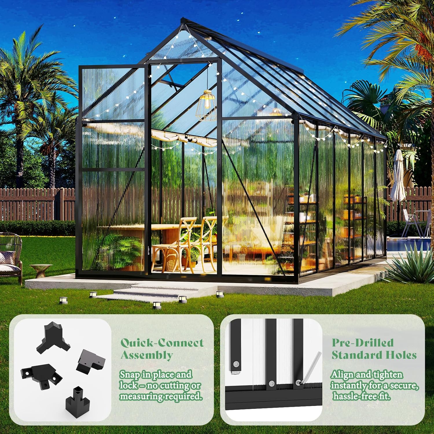 AMERLIFE 6x20 Ft Polycarbonate Greenhouse for Outdoors, Walk-in Design with Aluminum Frame, 2 Windows and Swing Door, Heavy-Duty Greenhouse Construction for Garden, Black