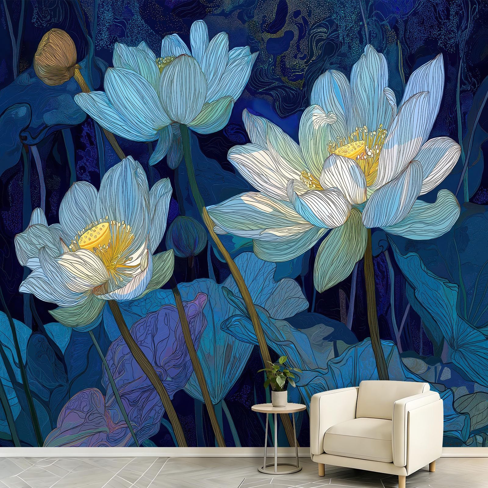 Fototapeta do salonu, kwiaty, lilia wodna, powierzchnia wody 400 x 280 cm, akwarela, lotus, druk 3D, tapeta na fizelinę, tapeta ścienna do sypialni, pokoju dziecięcego, tło TV, tapeta z włókniny