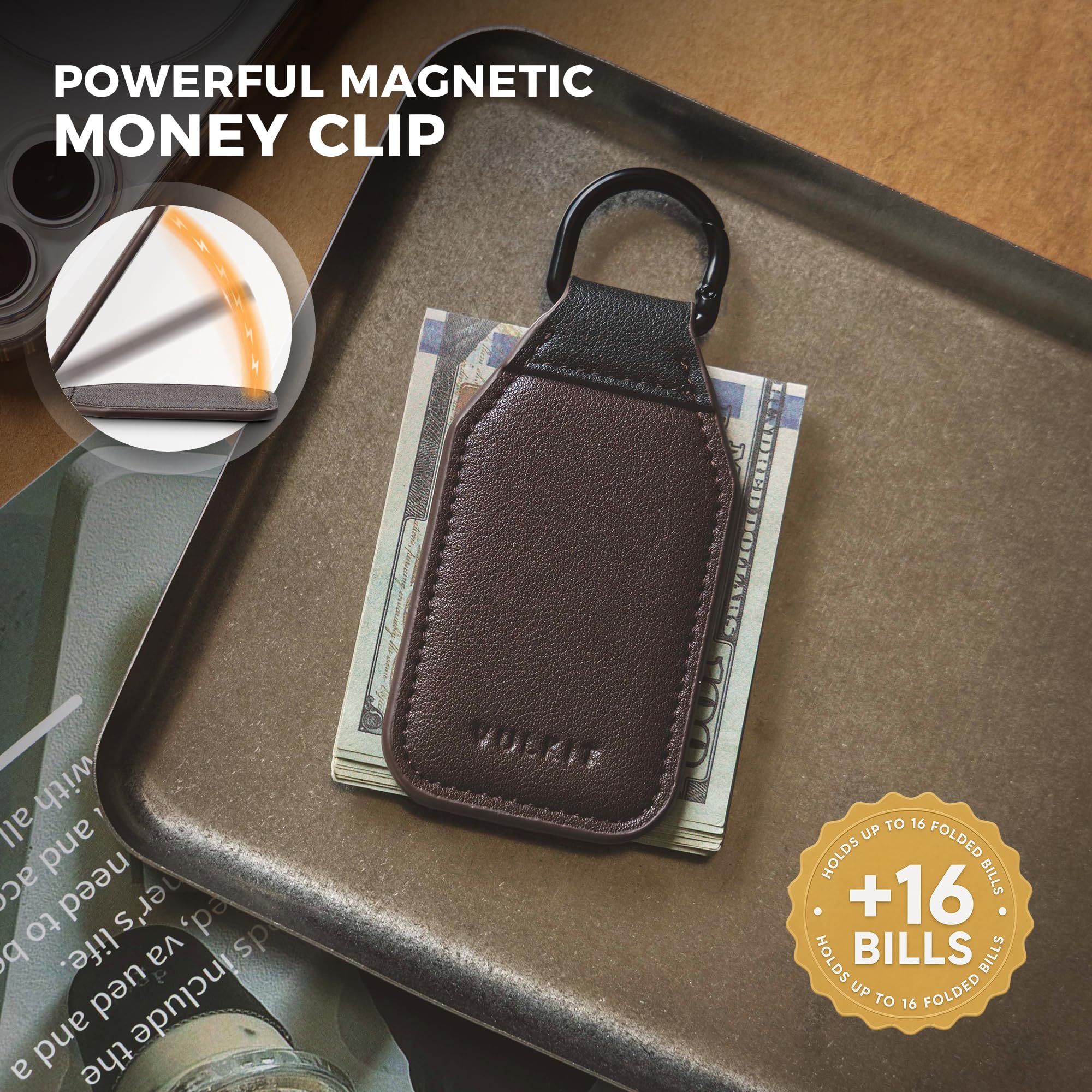 VULKIT Fermasoldi Magnetica con Portachiavi, Fermasoldi in Pelle, Clip Magnetica Cappello Multifunzione per Contanti e Chiavi