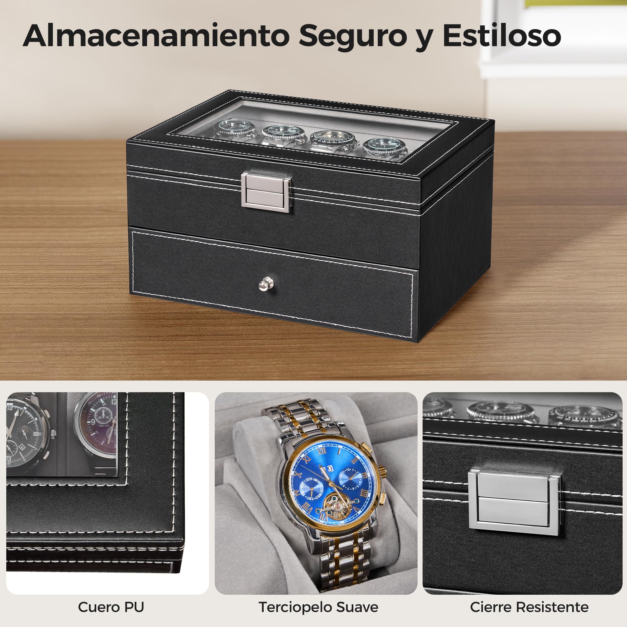 BEWISHOME Caja de Relojes 20 Compartimentos Estuche Tapa Cristal Negro ESSH04B