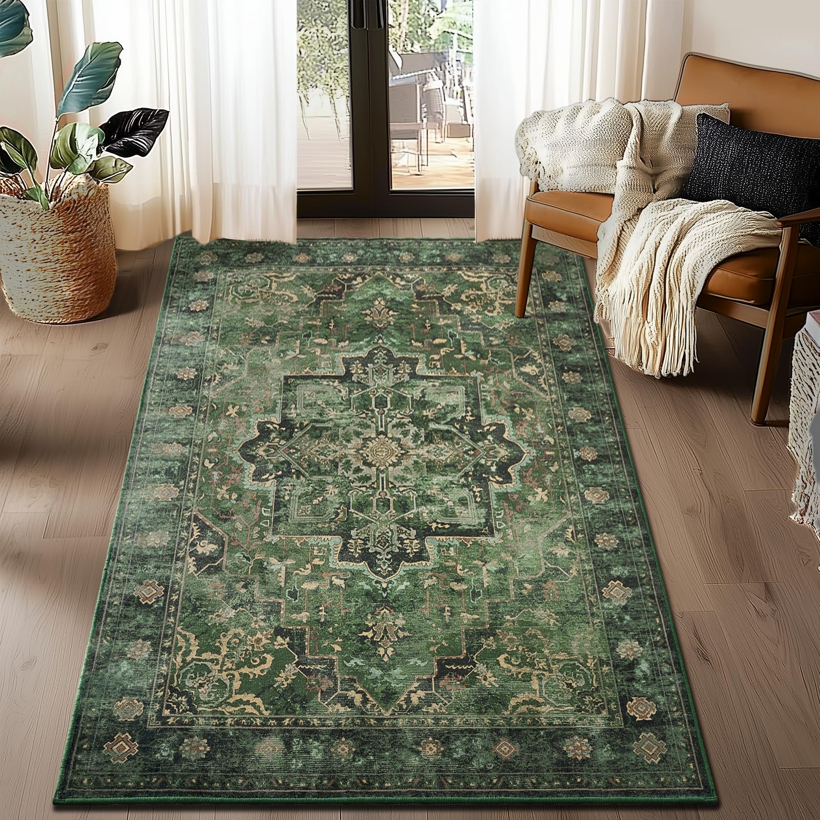 Tapis de sol lavable vert foncé antidérapant pour chambre et salon