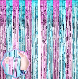 Voircoloria 2 Pack 3.3x8.2 Feet Blue and Pink Foil Fringe Backdrop Curtains, Tinsel Streamers Birthday Party Decorations, Fringe Backdrop for Graduation, Baby Shower, Gender Reveal, Disco Party