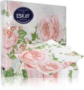 Rose Glory Designed Disposable Paper Beverage Napkins for Cocktails, Appetizers, Bar Drinks, Dinners and Wedding Events, 3 Ply Thick and Absorbent, Rose Glory, 20 Count Beverage