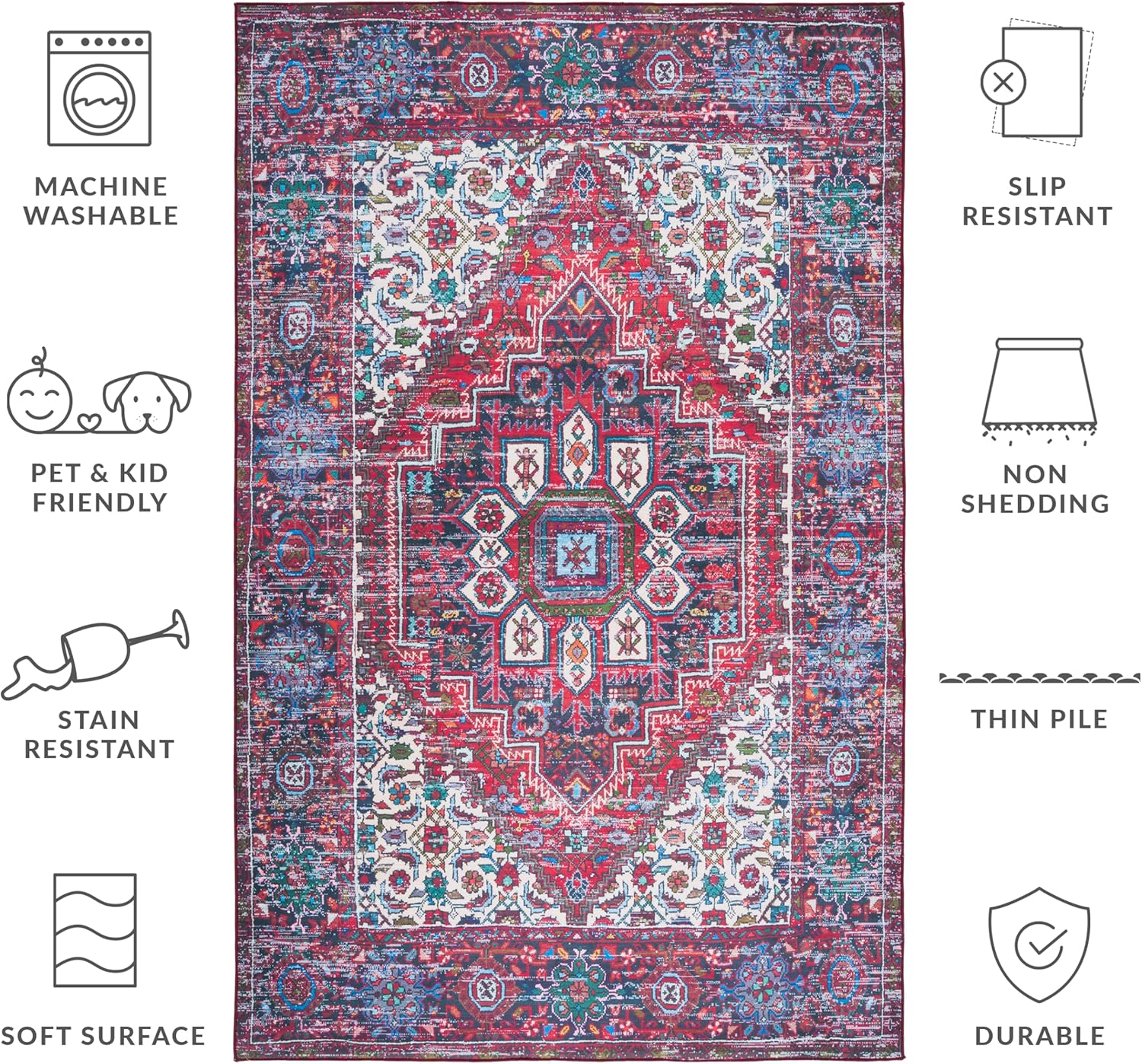 SAFAVIEH Washable Rug Tucson Collection - 6' x 9', Red & Blue, Slip Resistant & Easy to Clean, Ideal for Living Room, Bedroom, Dining Space (TSN192Q)