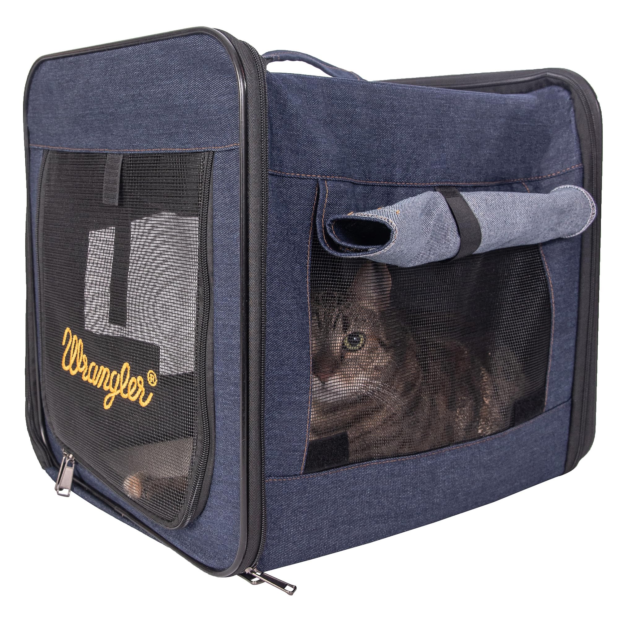 Wrangler Jaula plegable para perros de cuerda vaquera, transportador portátil para mascotas para gatos y perros, jaula de viaje para perros con malla ventilada y base de sherpa extraíble, elegante