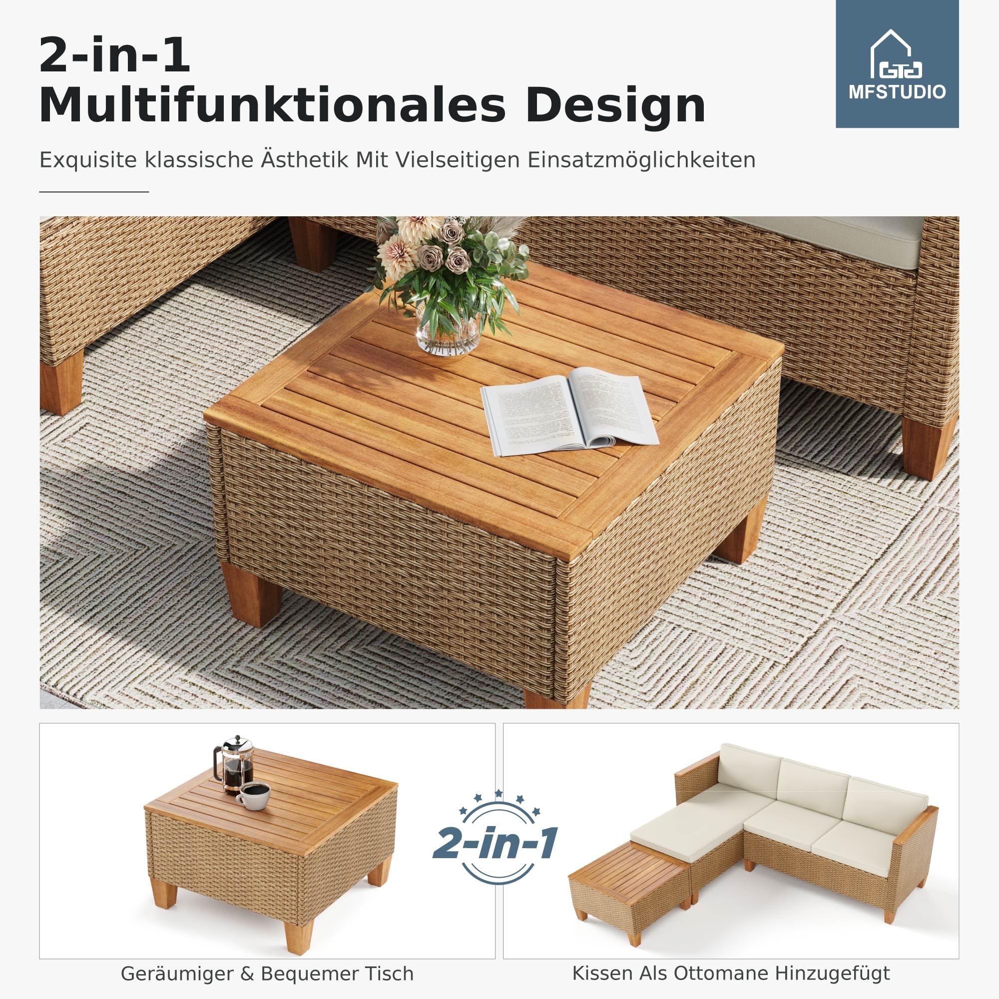 MFSTUDIO 3-Teilig Rattan Gartenmöbel Set mit Beigen Kissen für 4 Personen, Kleines L-Förmiges Outdoor Sofa mit Holztisch, Gartenlounge Set Outdoor für Terrasse, Balkon