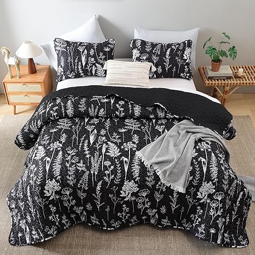 Miniatura 5 de JANZAA Colchas negras tamaño Queen botánico de 3 piezas con patrón floral de microfibra ligera reversible 1 edredón tamaño Queen y 2 fundas de