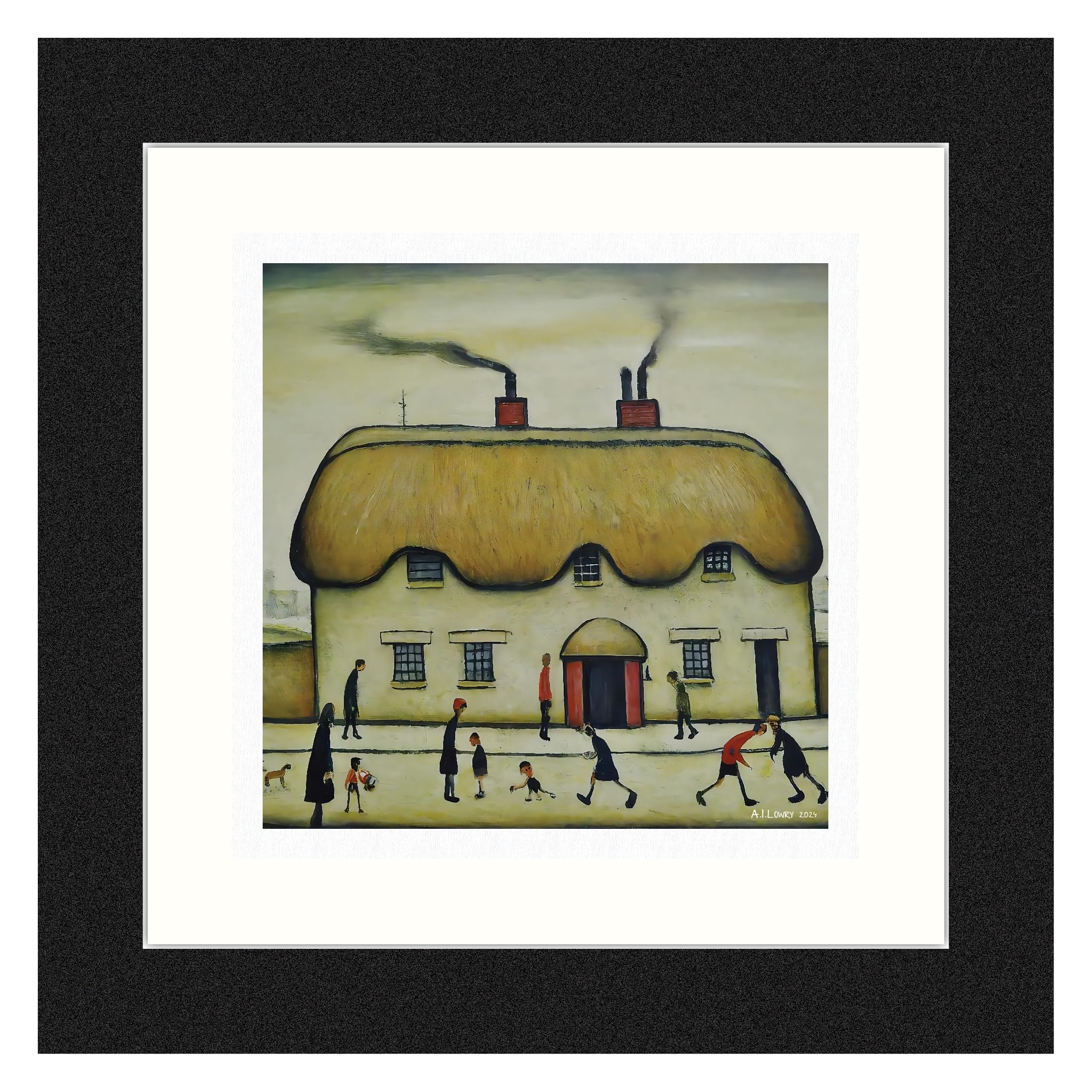 Greetingles Lowry-Style 12"/31cm Square Framed Print. Beautiful Black Ash Frame (Lowry, Thatched Cottage) — image 1